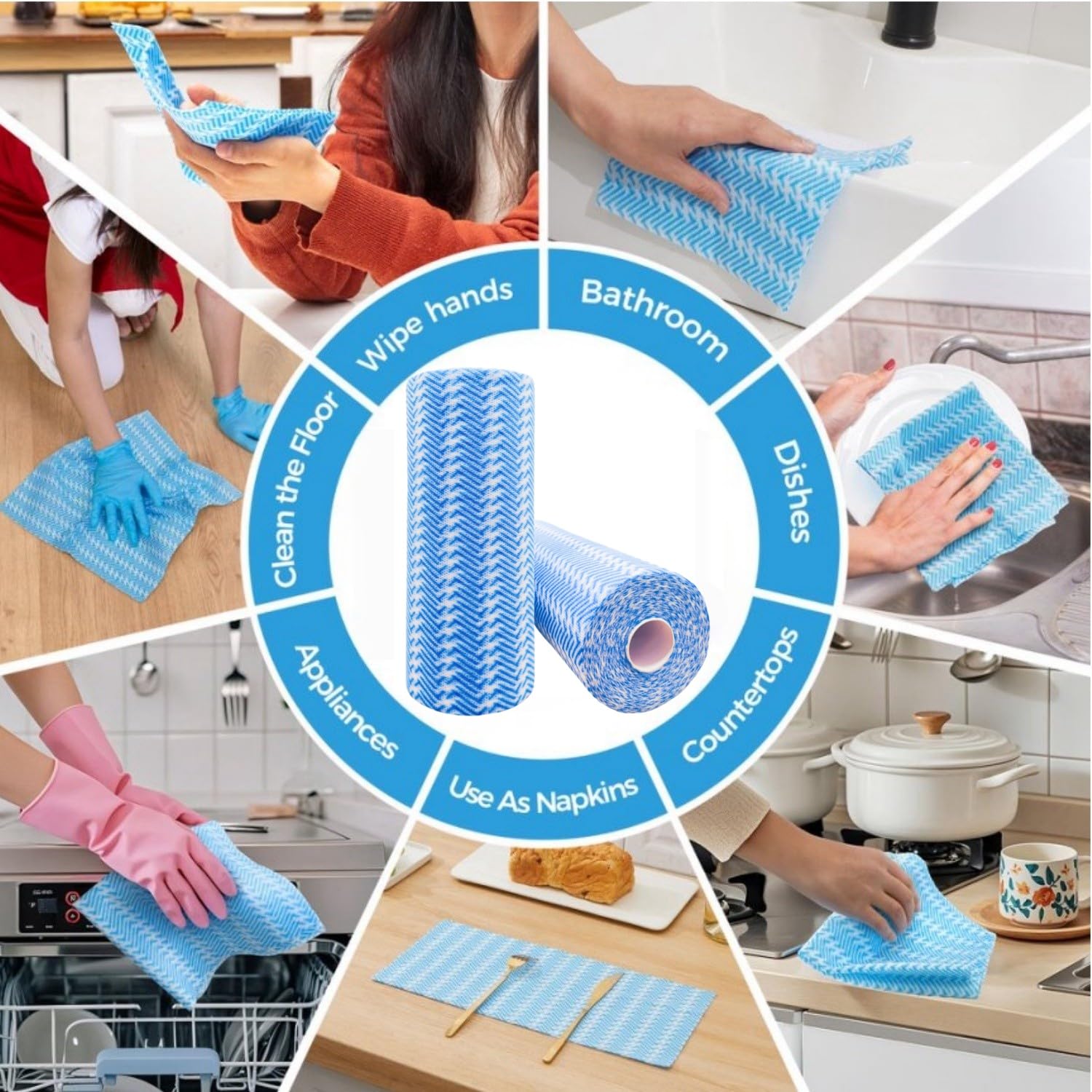 Einweg-Reinigungstücher, wiederverwendbar, Küchentücher, Geschirrtücher, Trockentücher, wiederverwendbar, für Küche, Mehrzweck-Reinigungsrollen, blaue Reinigungstücher, 100 Stück/Rolle