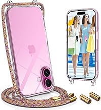 UYMO Trasparente Cover con cordino per iPhone 16,Custodia con Laccio Collana Tracolla Regolabile catena Case,Arcobaleno