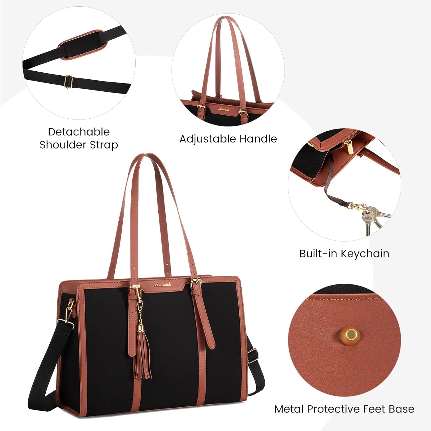 LOVEVOOK Laptop Bag for Women 15.6 inch Lightweight Canvas Laptop Tote Bag, Large Capacity Computer bag with Clutch Purse for Business, Work, Office, Travel, School（Black & Brown，15.6 Inch） - Image 6