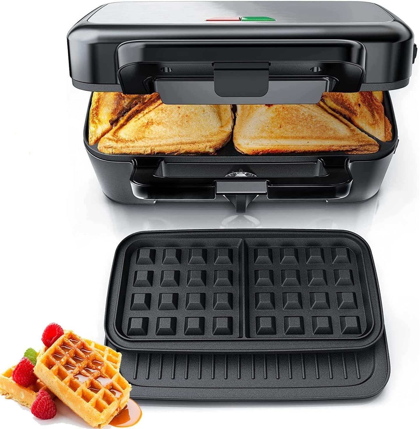 Gofrera 3 en 1, Plancha para Sandwichera con Regulador de Temperatura, 3 Plato Extraíble para Tostadas, luz Indicadora, Gofres y Carne, Acero inoxidable & Revestimiento Antiadherente, Negro