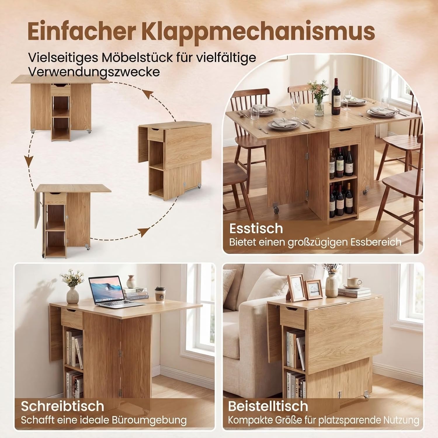 RELAX4LIFE Esstisch Klappbar, Küchentisch Holz für 4-6 Personen, Natur
