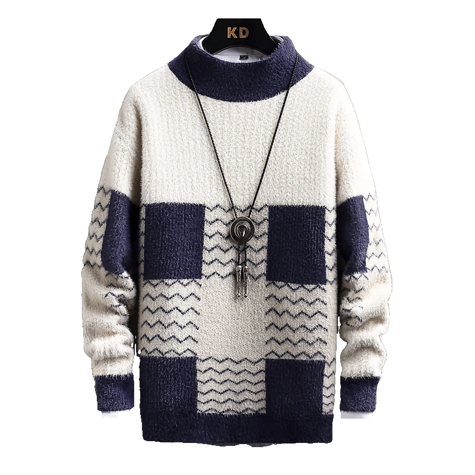 Wąski sweter męski sweter z golfem jesień/zima moda kontrastowy kolor ciepły długi rękaw miękki dzianinowy