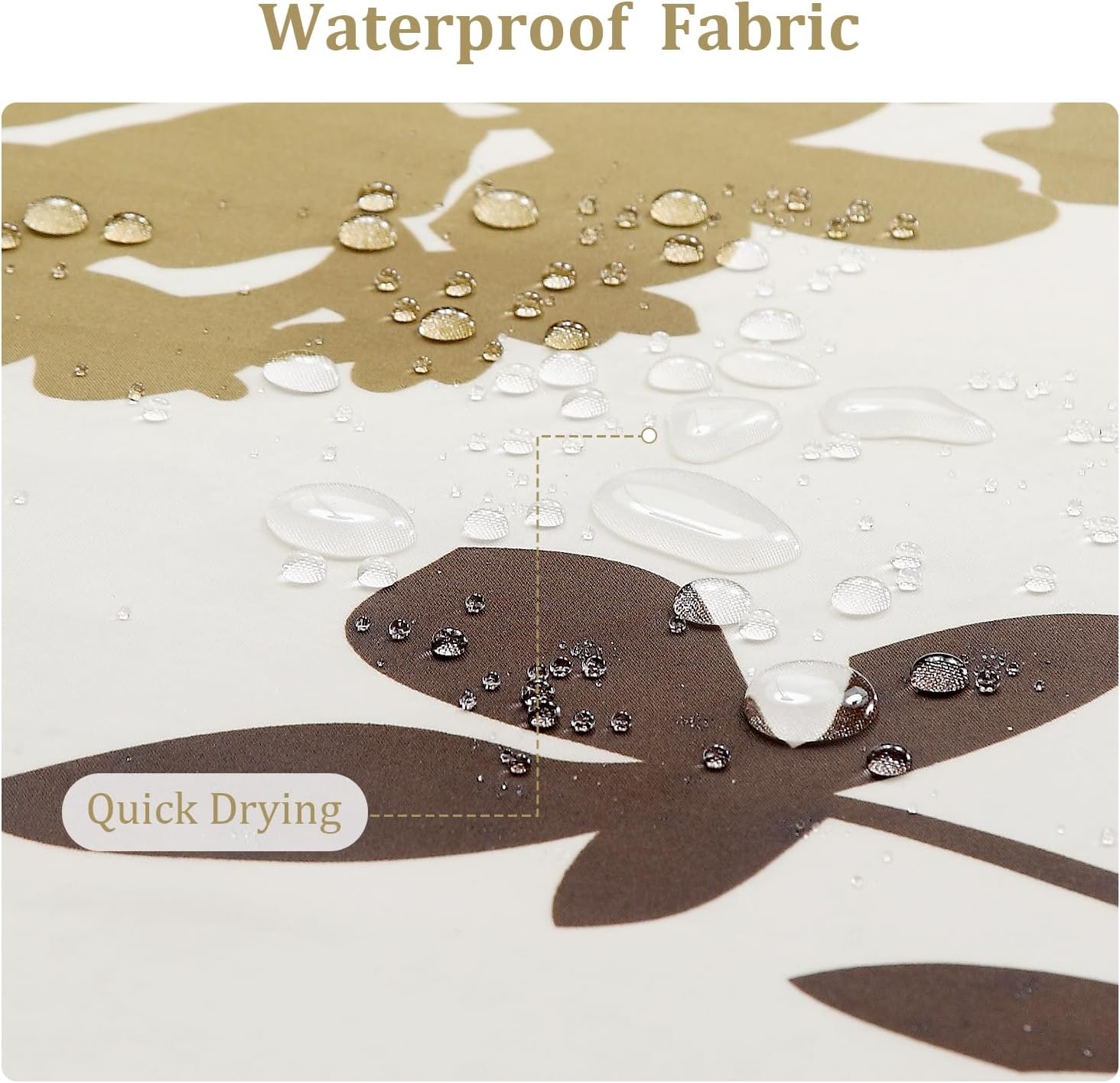 Floral Fabric Shower Curtain - Waterproof Bathroom Curtain with Botanical Plant Print in Beige Brown Grey, 72" W x 72" H