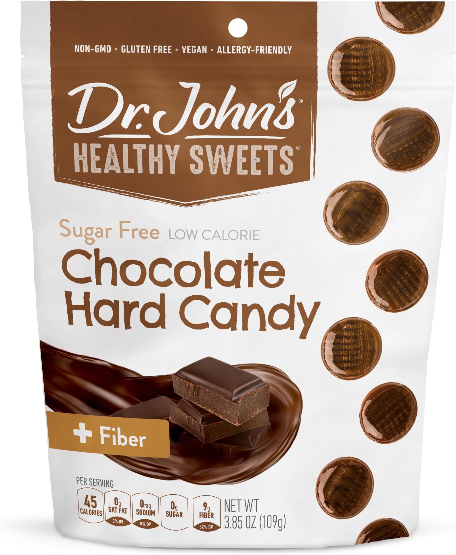 Dr. John’s Sugar Free Candy, Healthy Hard Candy with Zero Sugar, Low Calorie Snacks, Keto Friendly, Vegan, Gluten Free, Chocolate Flavor, 24 Count, 3.85 OZ