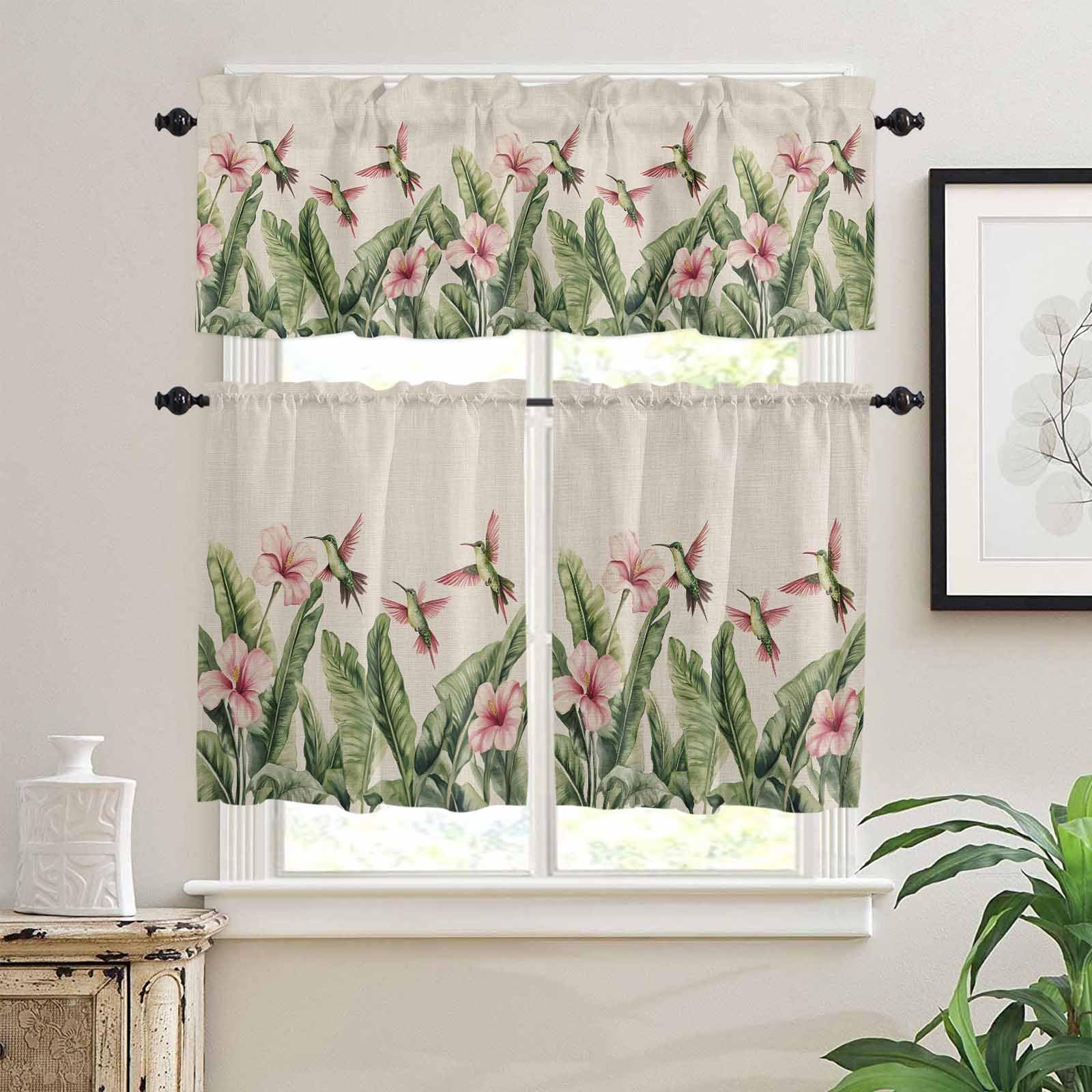 Summer Flowers Kitchen Curtains 36 Inch Length,3 Piece Rod Pocket Small Half Tiers and Valance Set,Retro Country Tropical Palm Leaves Birds Small Large Window Treatment Decor for Bedroom/Bathroom