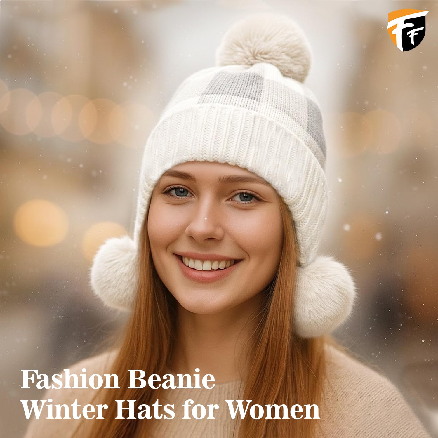FF Premium Thermal Winter Earflap Pom Pom Beanie Cap for Women Warm Woollen Knitted Winter Cap Soft Fleece Lined Stylish Cold Weather Hat - Beige 4