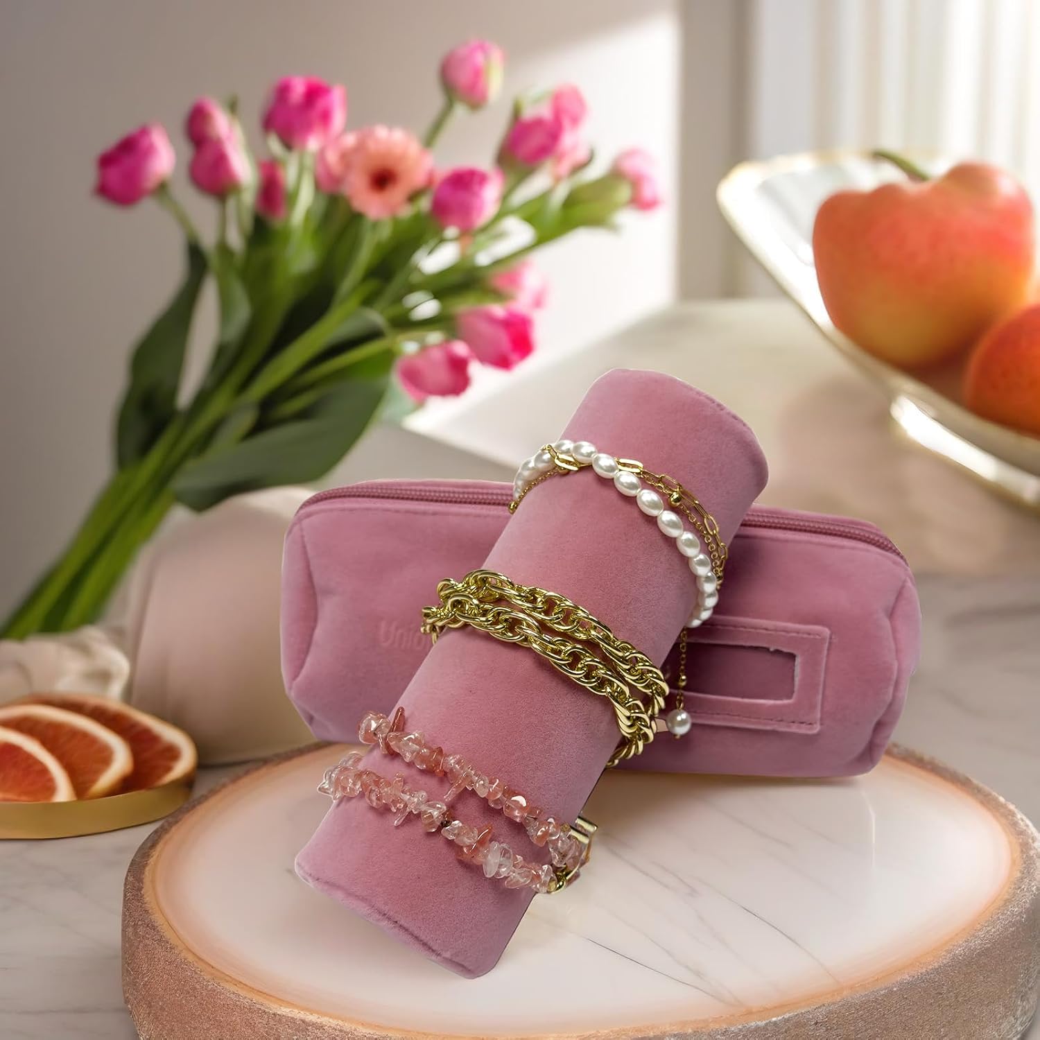 UnionPlus Travel Jewelry Roll, Organizer for Brackets Bangles Watches, Great Jewelry Organizer for Travel, Dusty Rose image 3