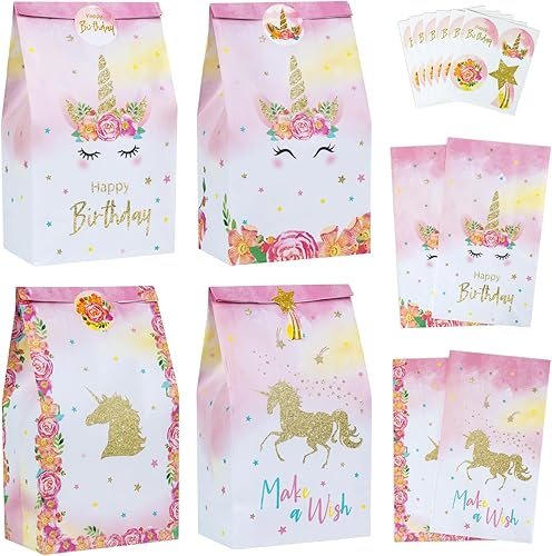 DECORLIFE 24 bolsas de unicornio para fiesta, bolsas de regalo de unicornio para fiesta de cumpleaños de niñas, perfectas para niñas, niños,