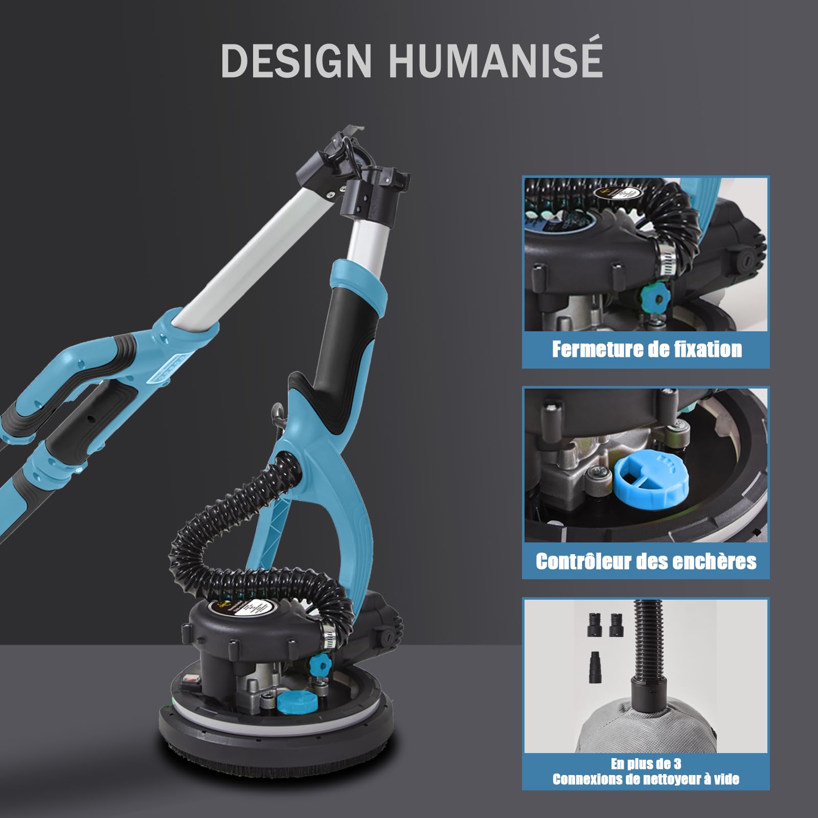 Levigatrice Giraffa 750 W professionale con sistema di vuoto automatico e luce LED, Levigatrice da parete e soffitto telescopico, diametro 215 mm, 7 velocità 900-1800 giri/min (blu)