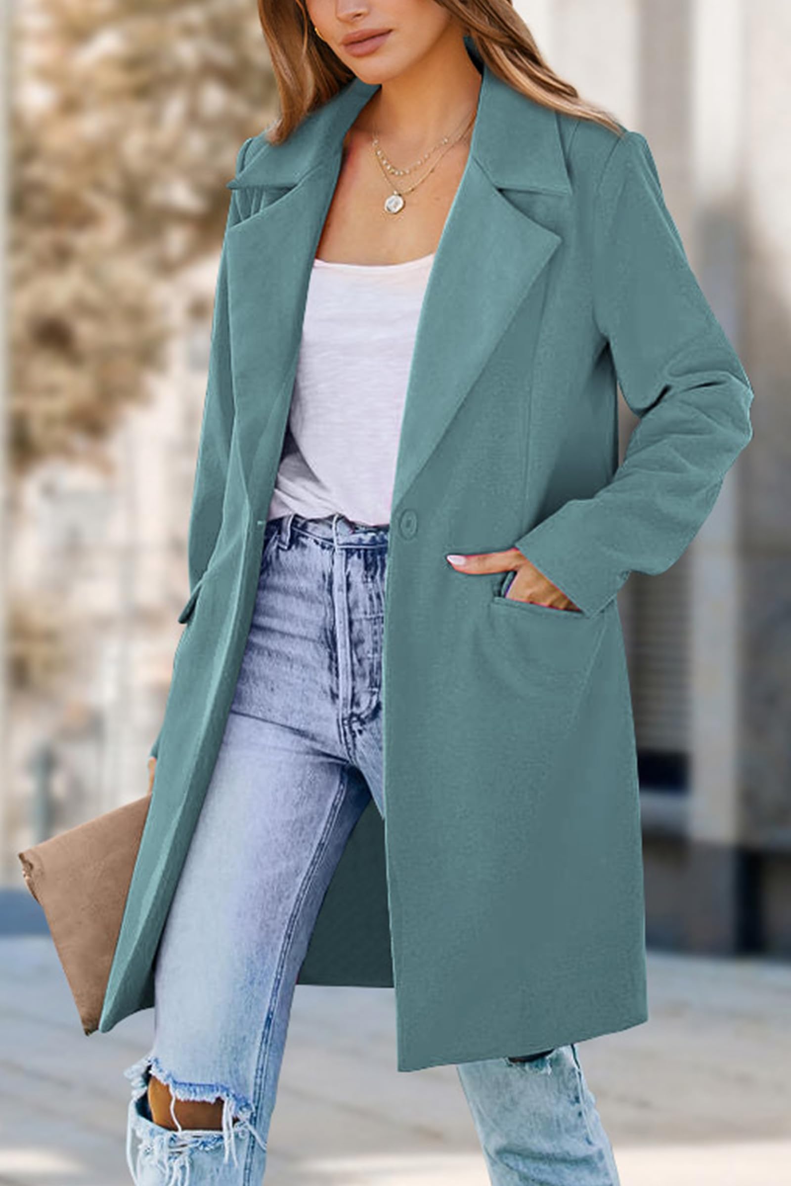 PRETTYGARDEN Women's Business Casual Long Blazer Jackets(Blue Green,S) view 6
