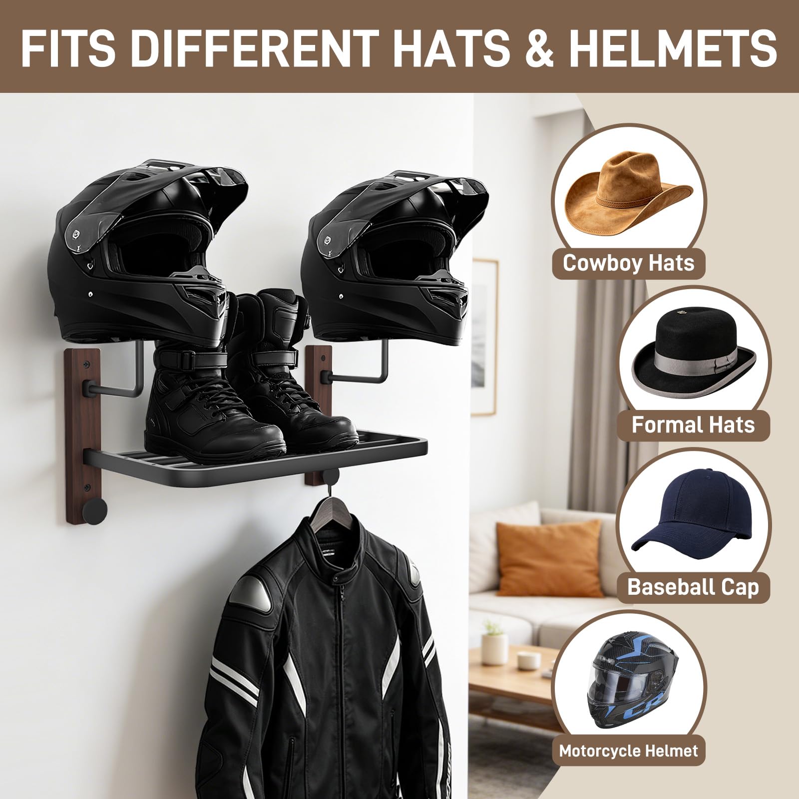 Support Casque Moto, Porte Casque Mural Avec Crochets et étagère pour Casquette et la Veste au Mur, Accessoires de Rangement en Bois Naturel et Acier pour Équipement Moto