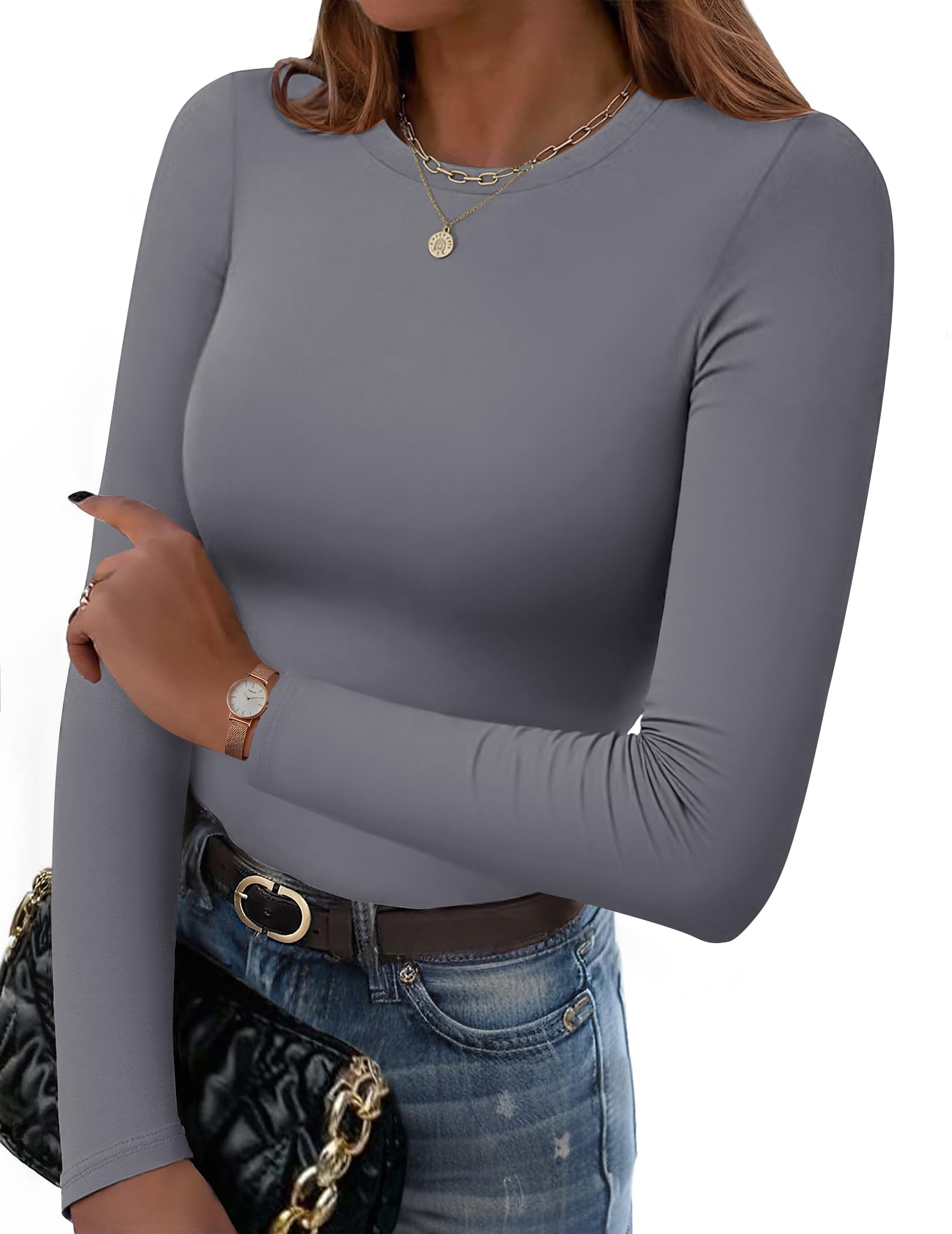 Hotouch Langarmshirt Damen Basic Slim Fit T-Shirt Casual Rundhals Tops Elegant Stretch Oberteil Einfarbig Longshirt XS-XL