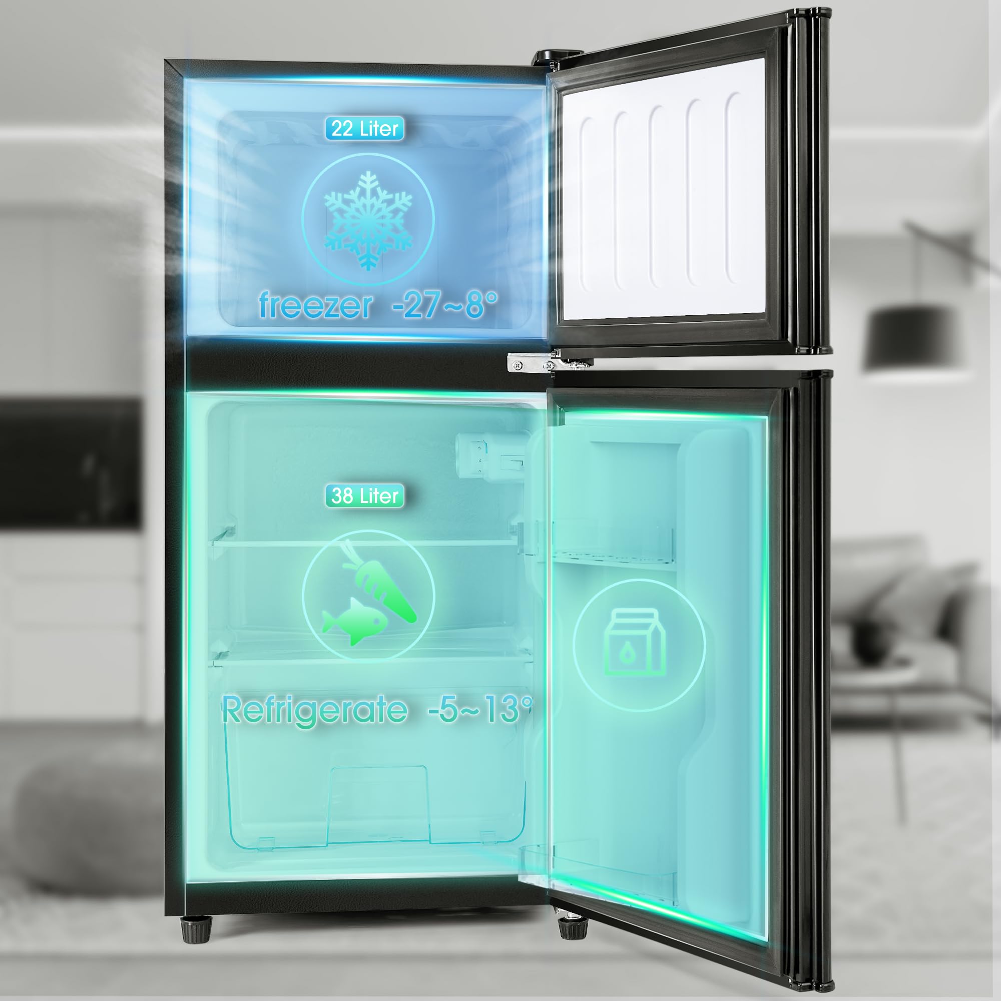 Frigorífico Mini 60L, Frigorifico Pequeño con Congelador (22+38L), Frigorifico Combi con LED luz, 86.8x45.5x42.5 cm Frigorífico no Frost con Estantes Ajustables, 102 kWh/año, -27°C∽13°C (Black)