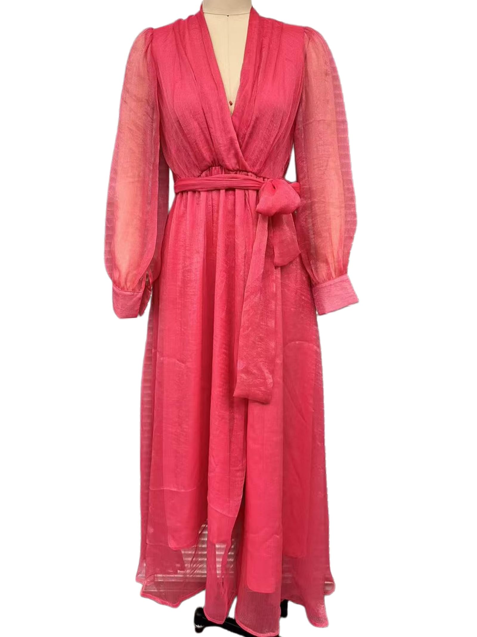 Generico Abito Lungo Elegante da Donna in Chiffon Rosa Perlato, Scollo a V, Cintura in Vita, Modello Bodycon con Arricciature e Orlo a Balze (Rose Red,XL)