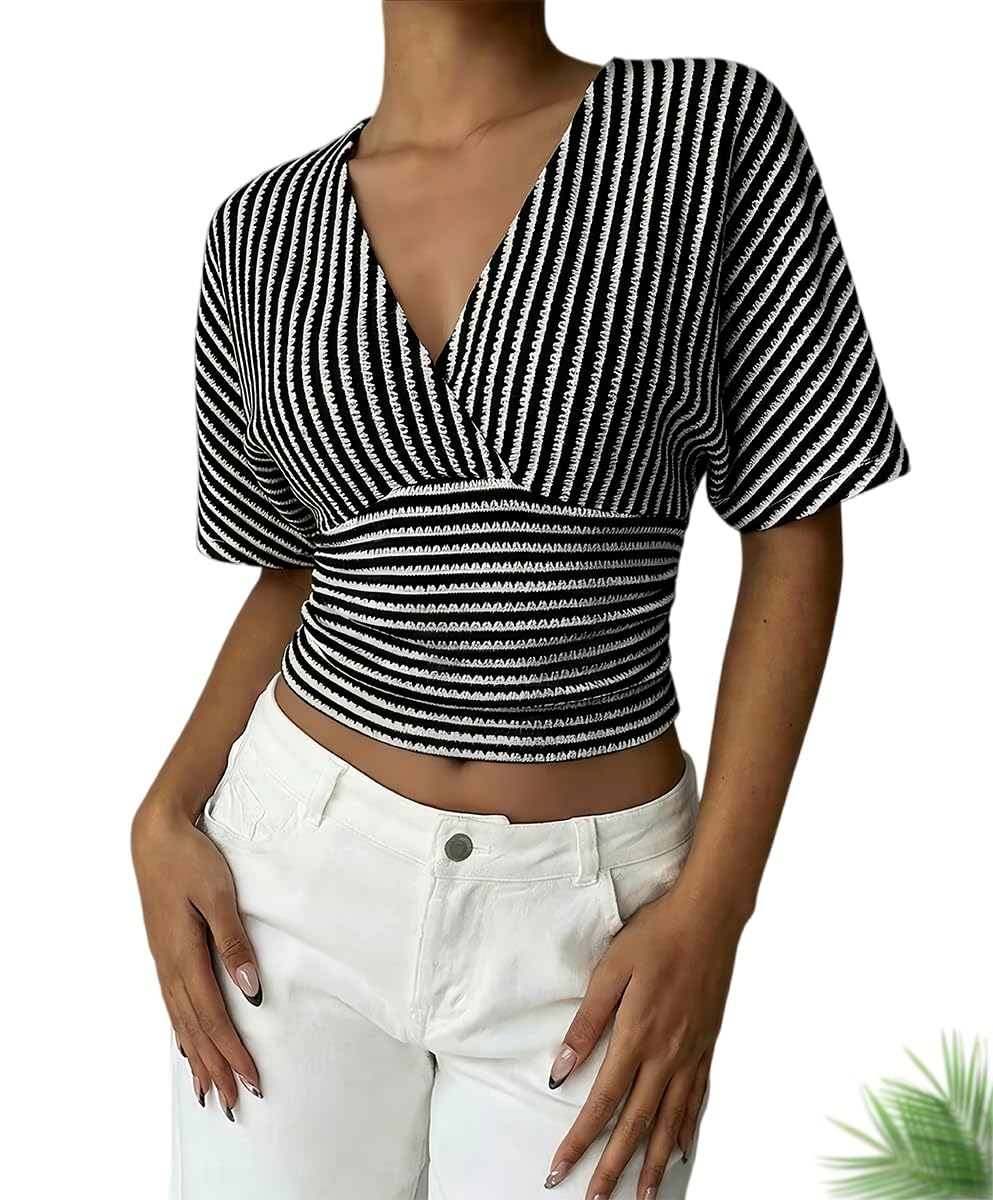 Camiseta Casual de Mujer a Rayas, con Cuello en V Cruzado, Manga murciélago Corta y Pliegues; Top de Verano Ideal para Vacaciones