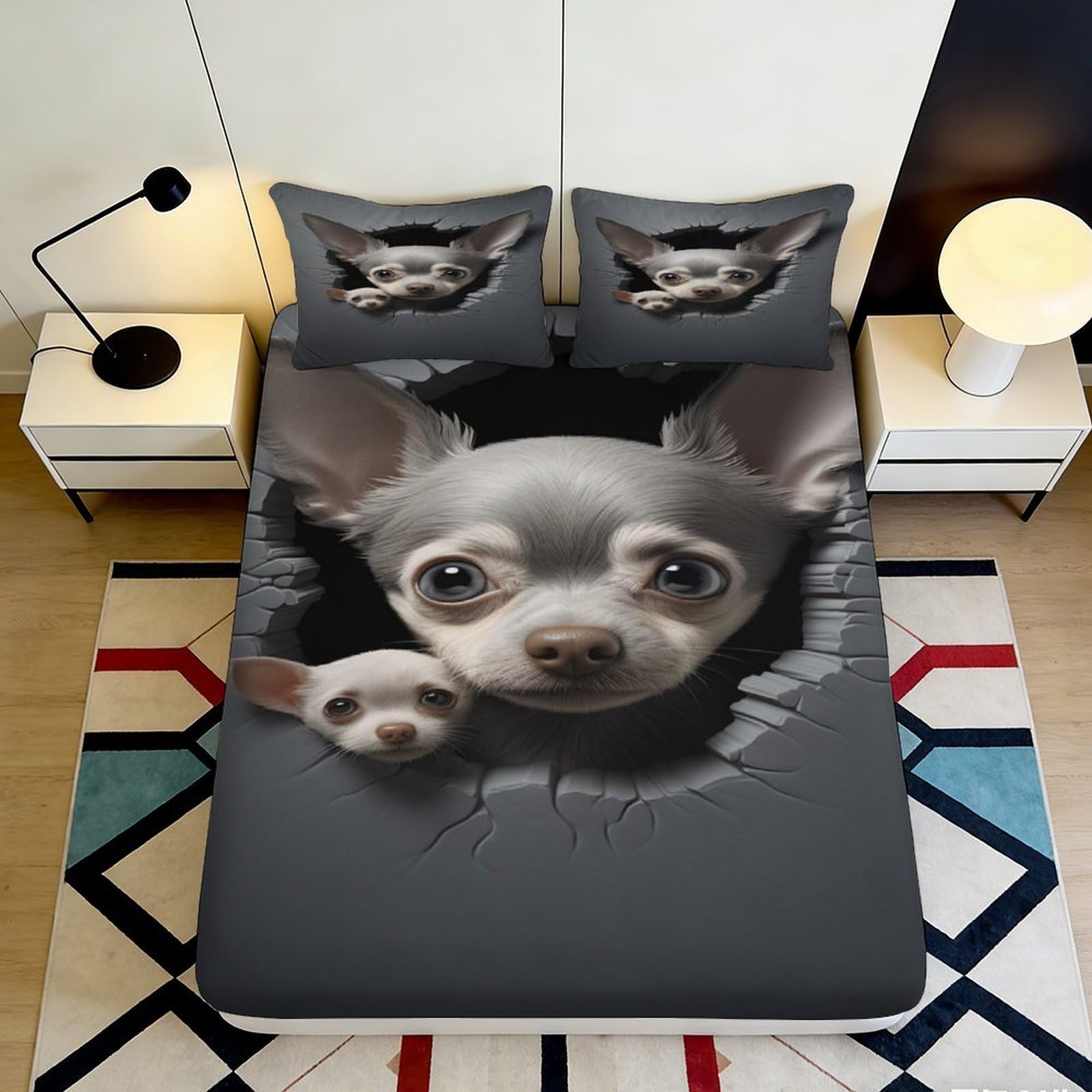 3D Printed Dog Pattern Fitted Sheet Microfiber Bedroom Set Non-Slip Deep Pocket Dog Mattress Fitted Cover Full Wrap Washable for Adults Youth 180x200x25cm