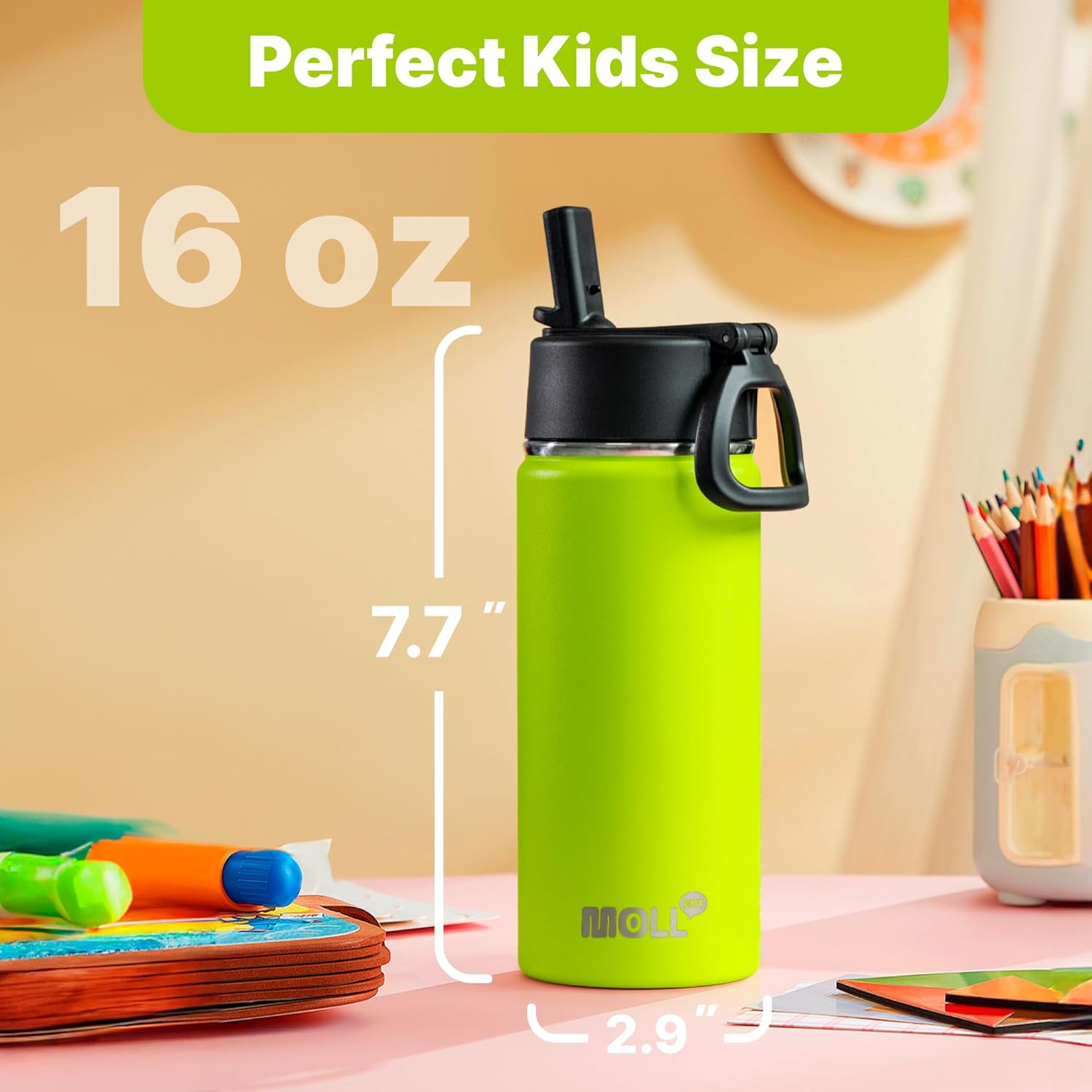 16 oz Water Bottle for Kids with Straw-Stainless Steel Double Wall Vacuum Insulated Wide Mouth Water Bottles for School, Leak-Proof Travel Water Flask(Navy) - Image 6
