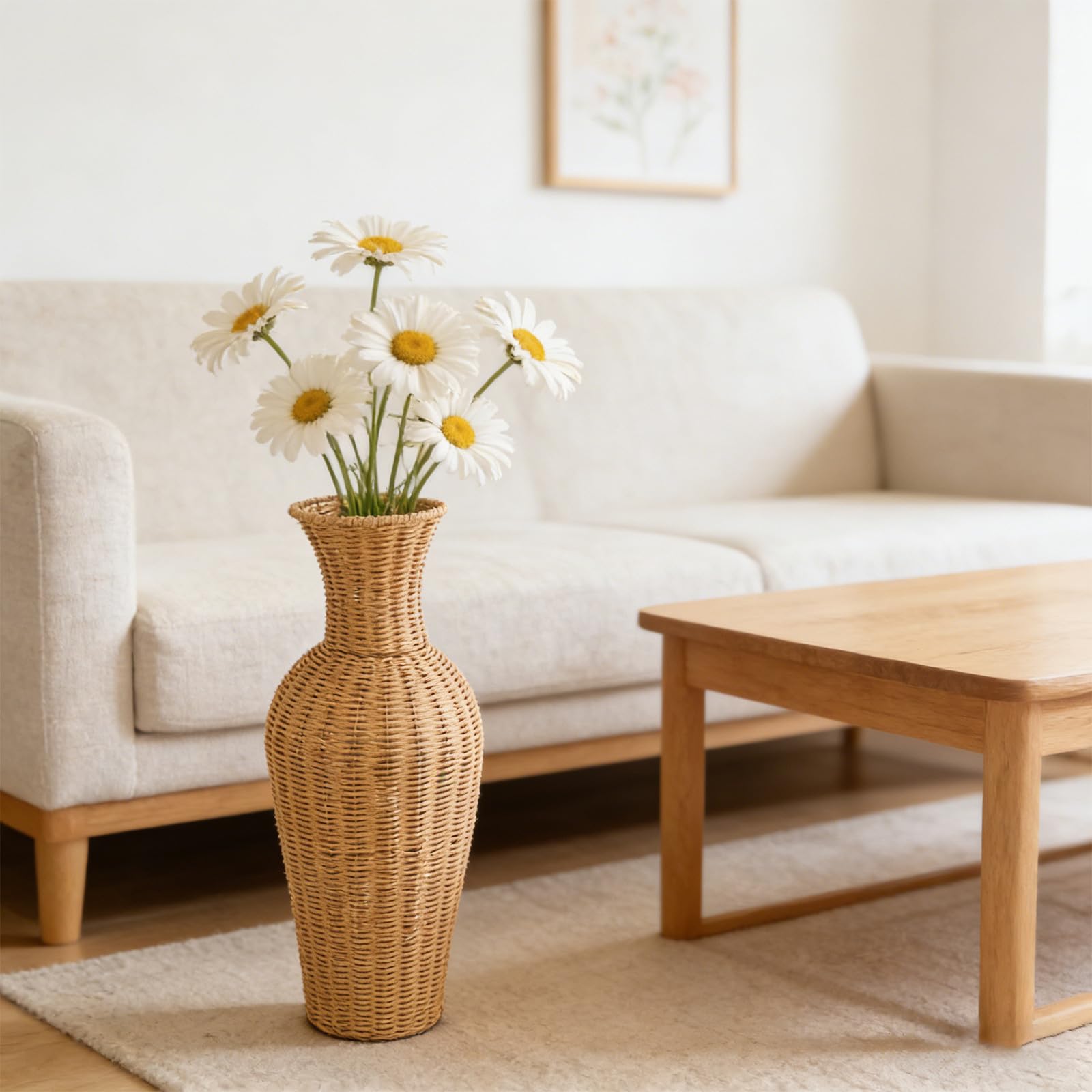 Jarrón de Suelo Alto de Imitación Ratán para Flores Secas y Pampas Decoración Hogar Estilo Campestre Moderno