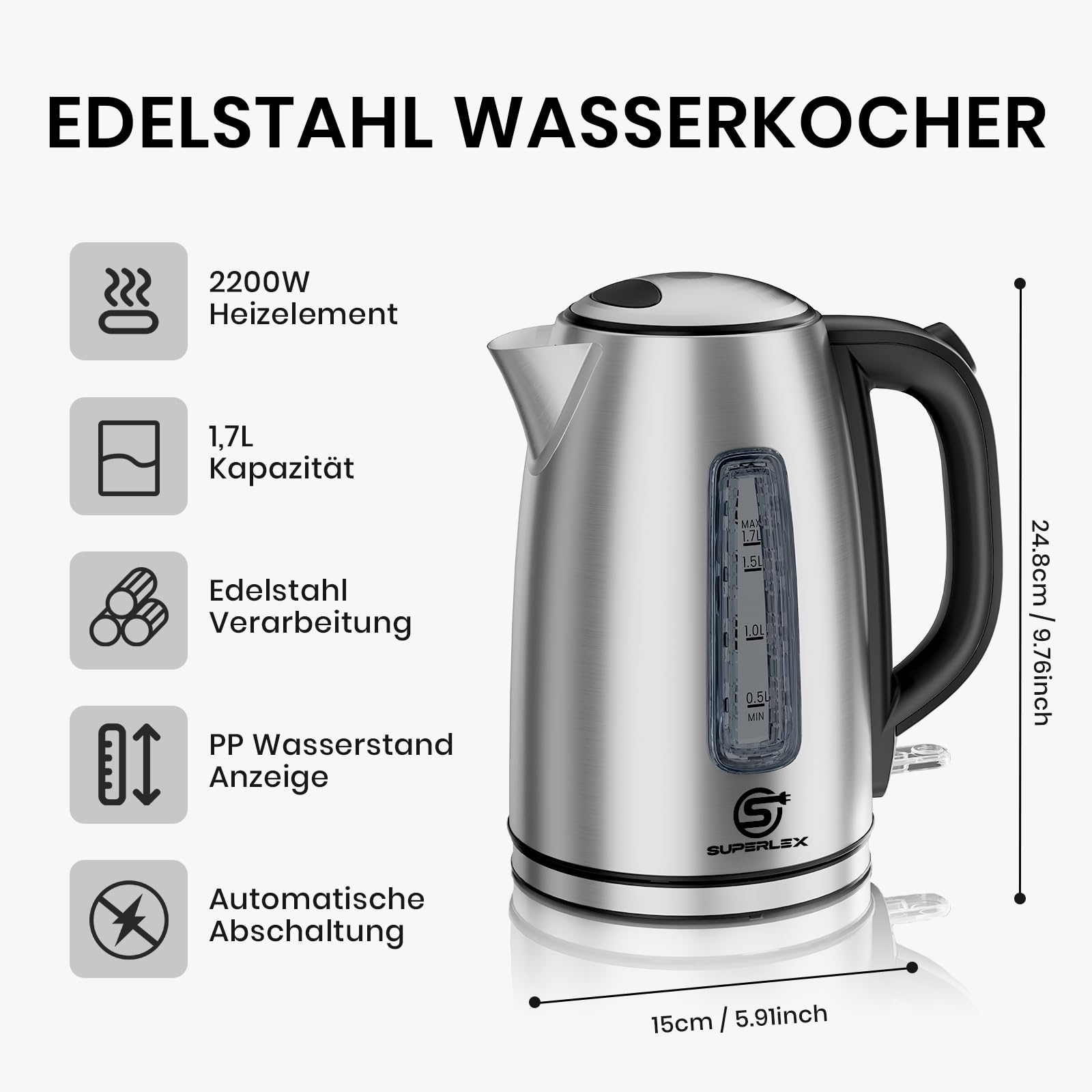 Hervidor de agua eléctrico de acero inoxidable 1,7 L 2200W con control Strix función de ebullición rápida tapa automática filtro extraíble con indicador de temperatura