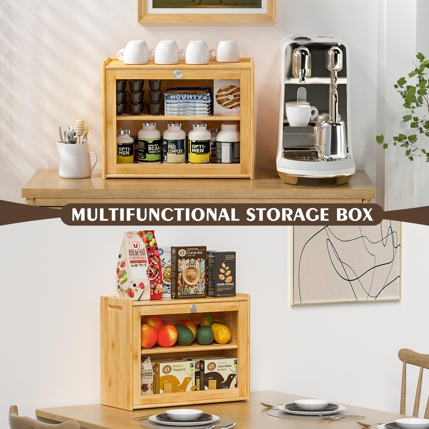 Panera para encimera de cocina, almacenamiento de pan de bambú de doble capa de gran capacidad con puerta transparente, fácil de transportar para armario, despensa, contenedor de pan de