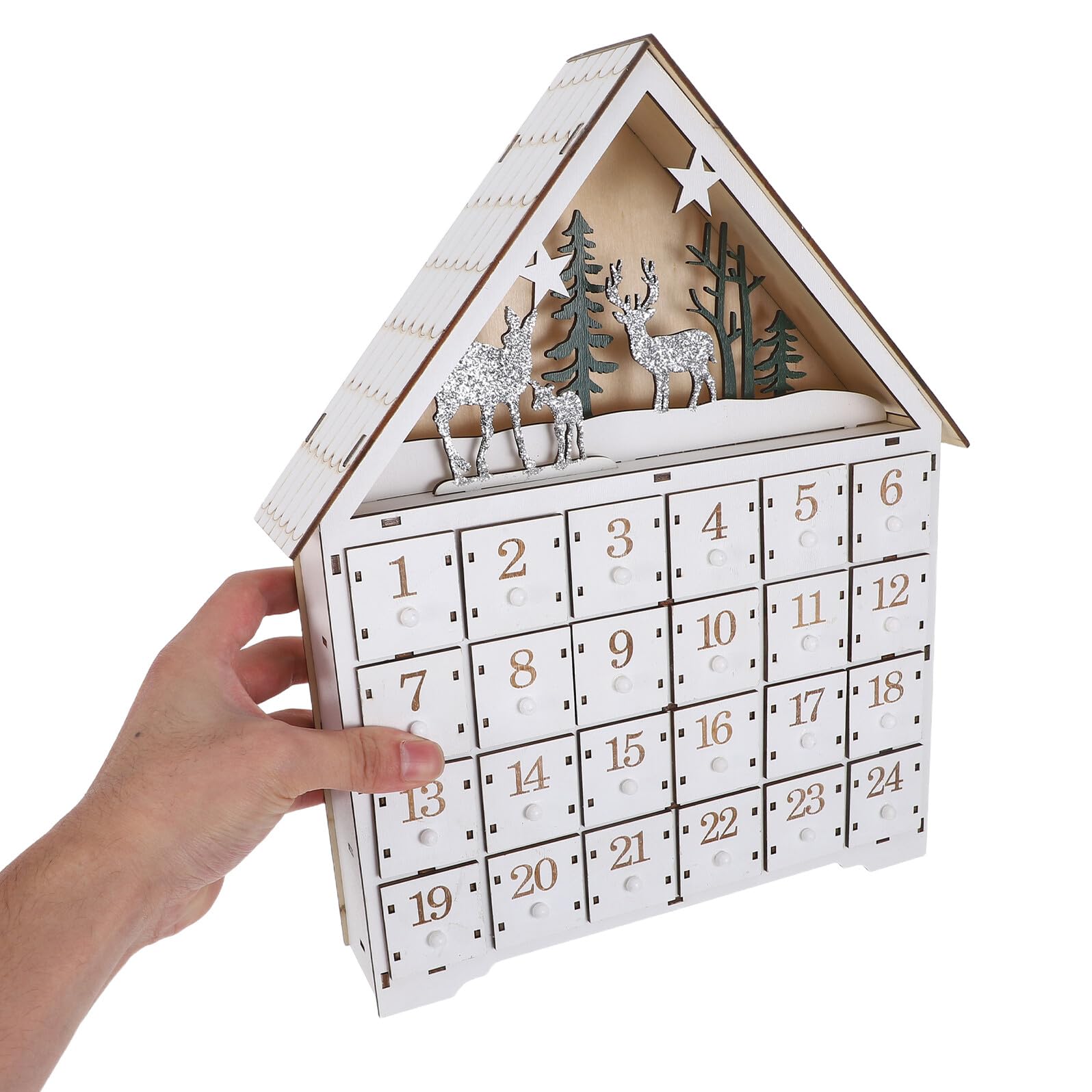 Calendario de Adviento de Madera con Luces LED y Cajones Reutilizables Decoración Navideña con Reno y Casa para Regresiva Hogar Calendario Compacto para Almacenaje Navidad