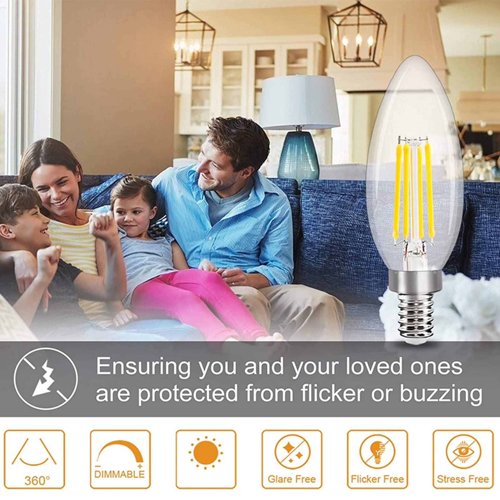 Bombilla candelabro LED regulable 6 W, bombillas filamento Edison vintage C35, bombillas candelabro alto brillo regulables con boca rosca E12 600 lm, vidrio transparente, paquete 4