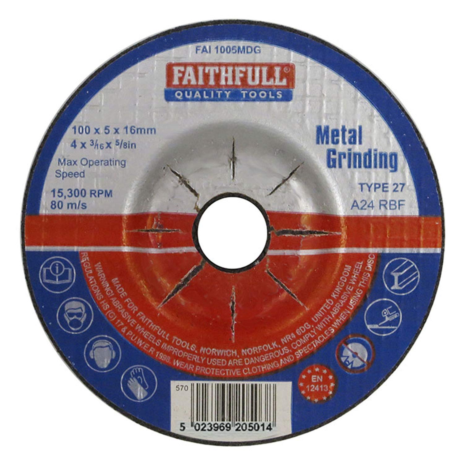 Faithfull Fai1005mdg Grinding Disc For Metal Depressed Centre 100 X 5 X 16Mm
