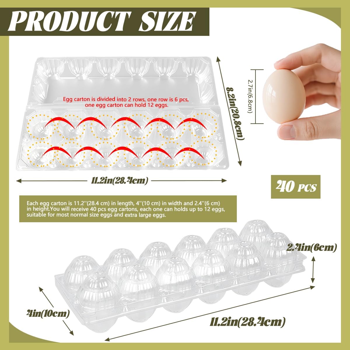 40 Pcs Plastic Egg Cartons, 12 Grids Eggs Cartons, 2x6 Grids Egg Boxes, Eggs Containers for Refrigerator,Chicken Farm Markets