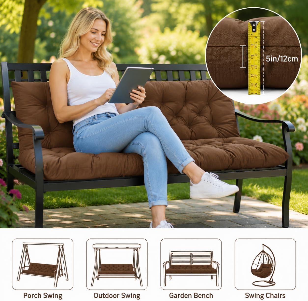 60 Inch Porch Swing Cushion with Backrest, Thick Waterproof Outdoor Bench Cushion for Patio, Garden & Backyard Seating(Coffee, 60 * 40in)