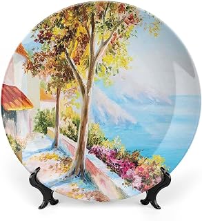 XISUNYA 6 Inch Decorative Plate, Landscape Tableware Plate, Summer House Sea Mountain Terrace Trees in Autumn Print Ornament Display Plate Handmade Plate Wedding Christmas Thankgiving Gifts