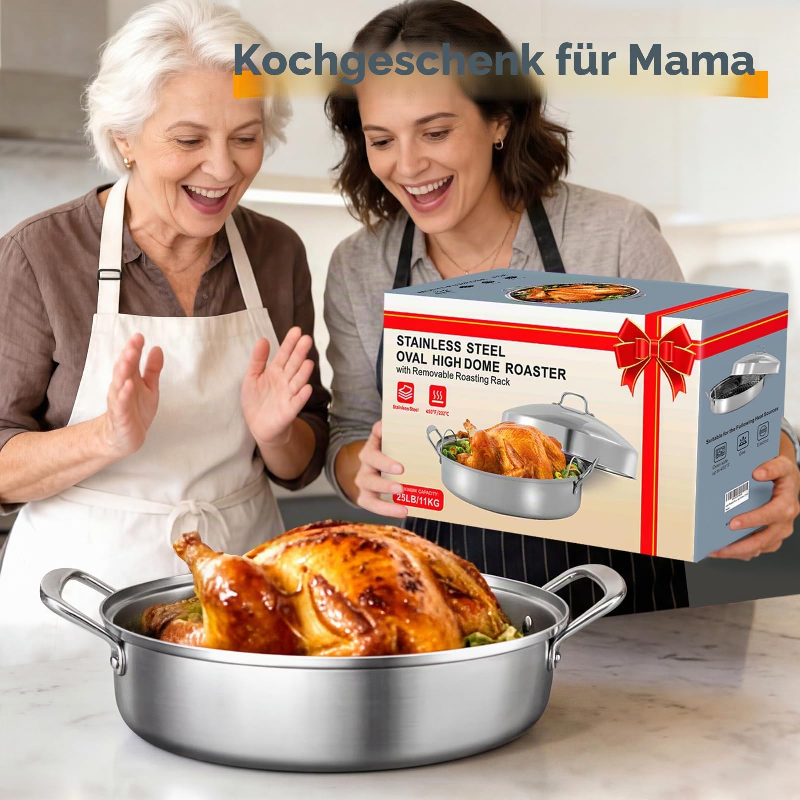 Großer Bräter mit Rost und Deckel, Geschenke für Mutter, Frauen, Ehefrau, Edelstahl, großer ovaler Bräter, antihaftbeschichtet, Ofen-Kochgeschirr für Truthahn, Huhn, 53,3 cm