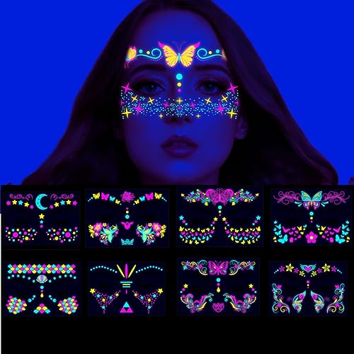 Miniatura 1 de Tatuajes que brillan en la oscuridad para adultos, luz negra, UV, neón, tatuajes temporales, maquillaje, tatuajes de mariposa, calcomanías para