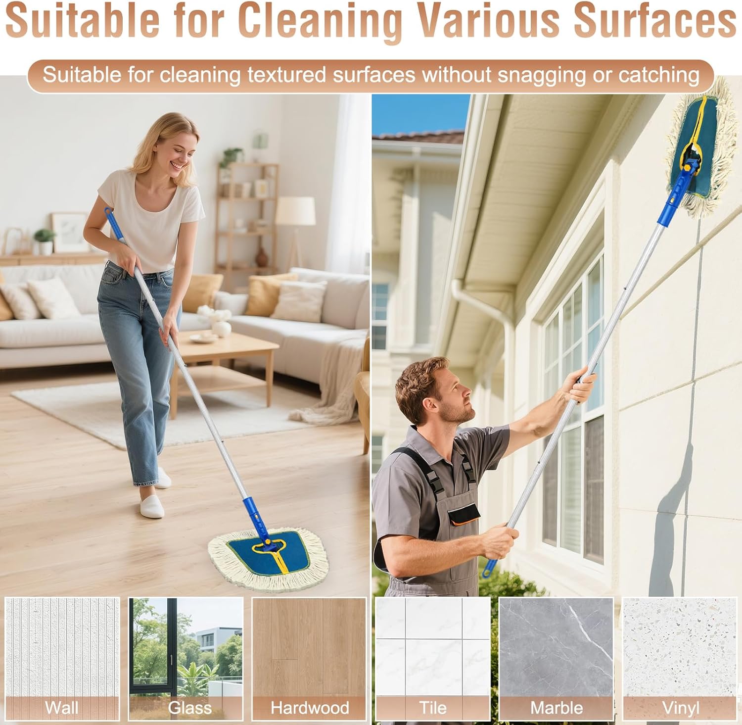 Commercial Dust Mop for Hardwood Floors Cleaning, Heavy Duty Industrial Dry Mop with Wedge Cotton Mop Pads for Walls Cleaner,Tile,Vinyl,Laminate, Floor Duster Broom for Home and Business Use