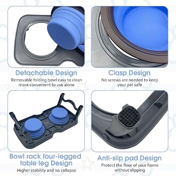 PINVNBY Elevated Portable Dog Bowl, Travel Raised Stand with Collapsible Silicone Double Diner Bowls Non-Slip Food and Water Bowls Holder for Small Dogs and Cats - 14.6 L x 7.5 W x 3.9 H
