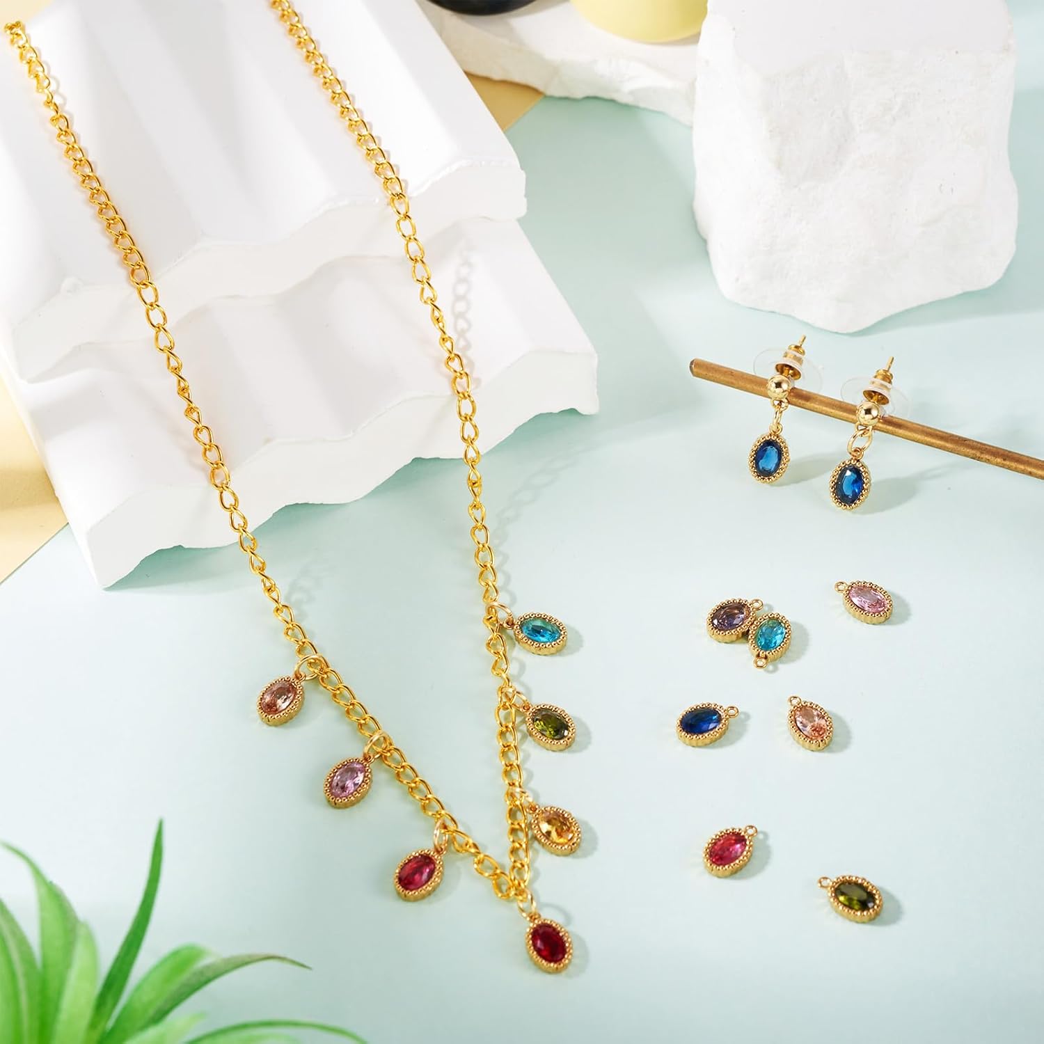 Pandahall 20Pcs 18K Gold Plated Stainless Steel Rhinestone Pendants Small Crystal Oval Charms Faceted Glass Cubic Zirconia Charm for DIY Necklace Bracelet Earring Craft - Image 2