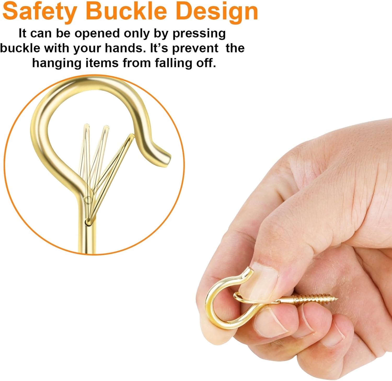 50 Pack Screw-in Hooks for Outdoor String Lights, Q Hanger Hooks for Outside, Swivel Hanging Basket Patio Hook with Safe Buckle, Plant Eye Hook for Wall Ceiling with 1 Wing Nut Driver, Gold - Image 2