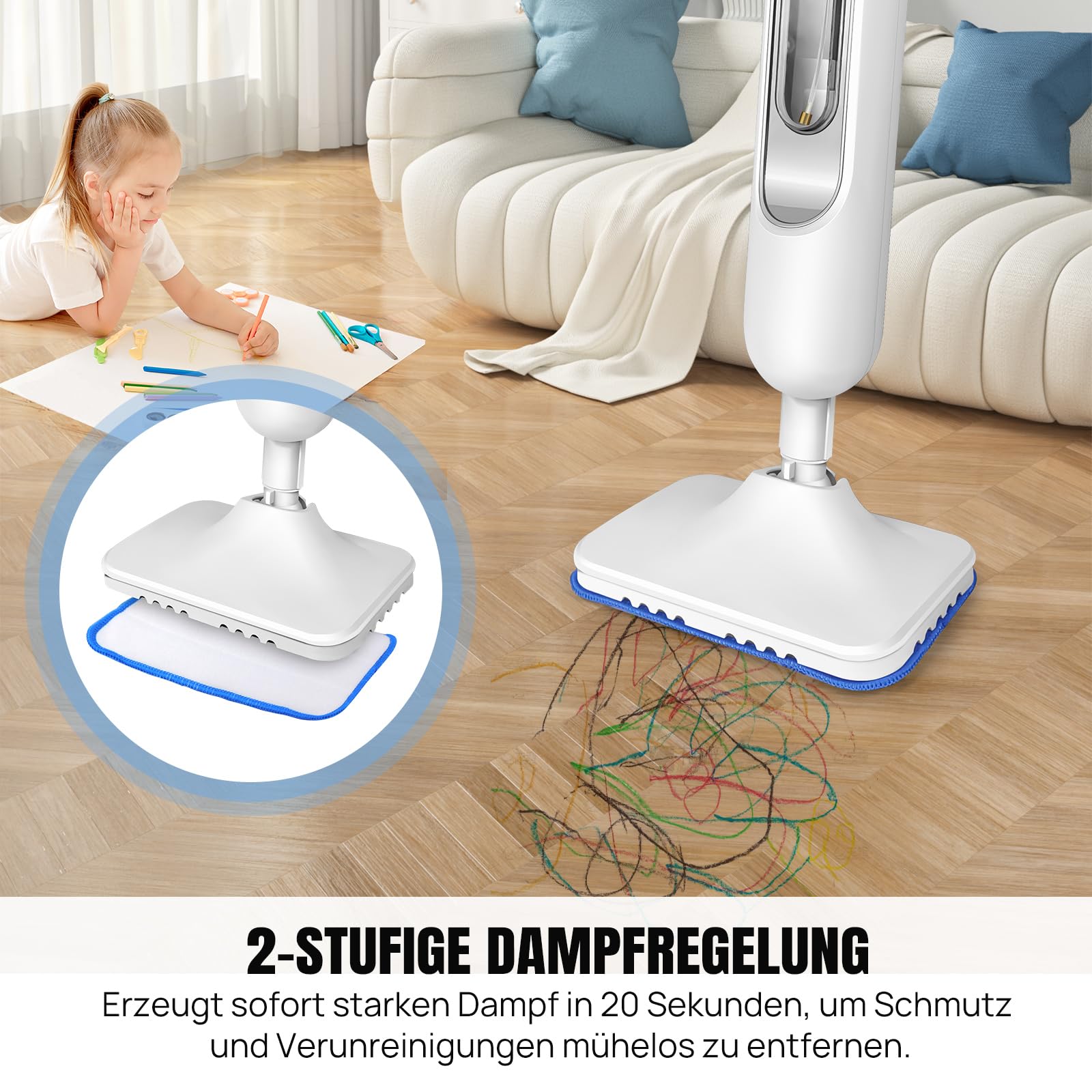 Qimu Dampfreiniger 1500W Dampfbesen Bodendampfreiniger Hand-dampfreiniger bis 108°C für Tiefenreinigung Böden Elektrischer Bodenwischer mit Wassertank 400ML, Entfernt bis zu 99,9% der Bakterien