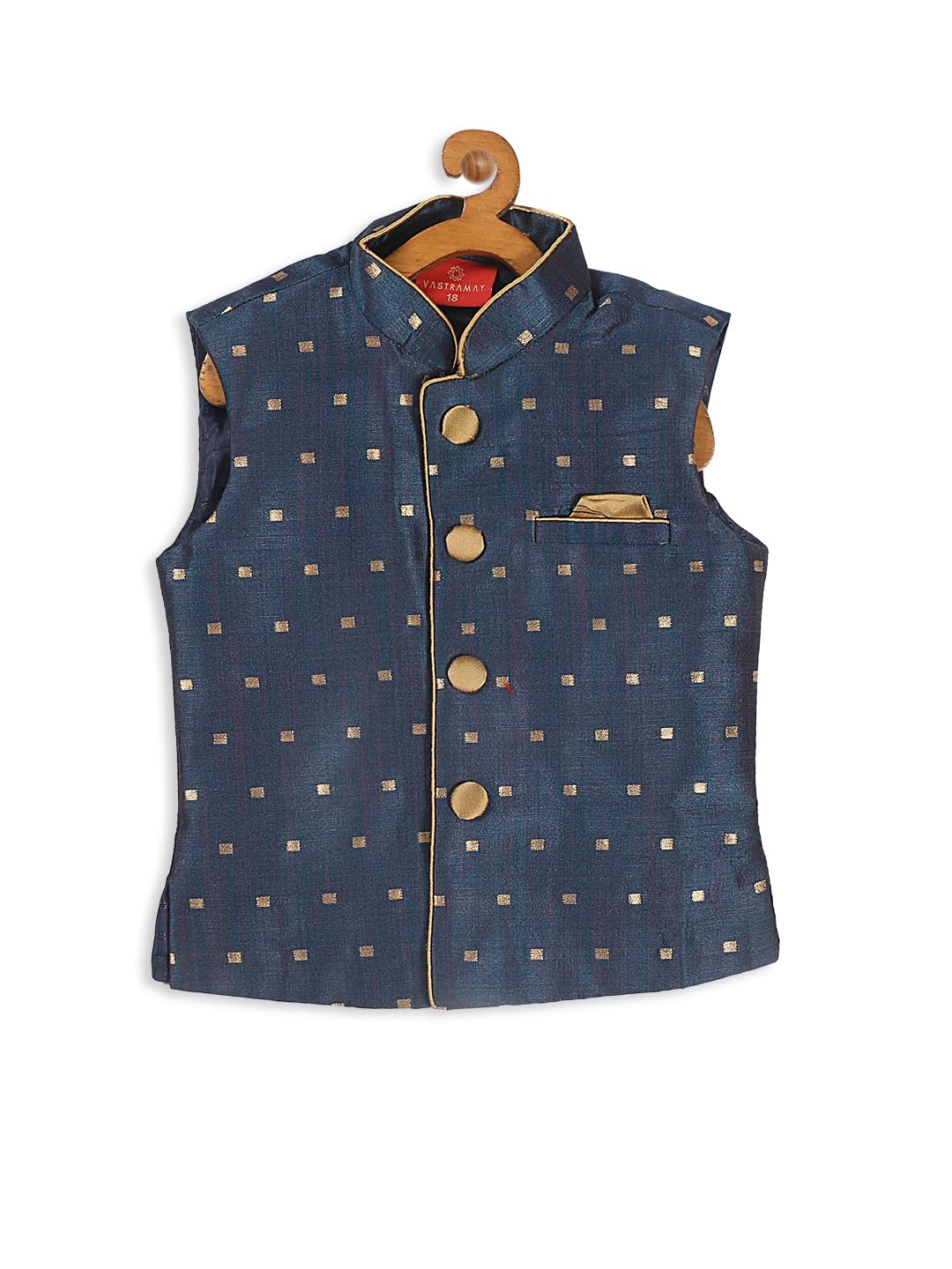 VASTRAMAY Infant Boys Persian Blue and Rose Gold Silk Blend Nehru Jacket_VSHISBJ009BU_16