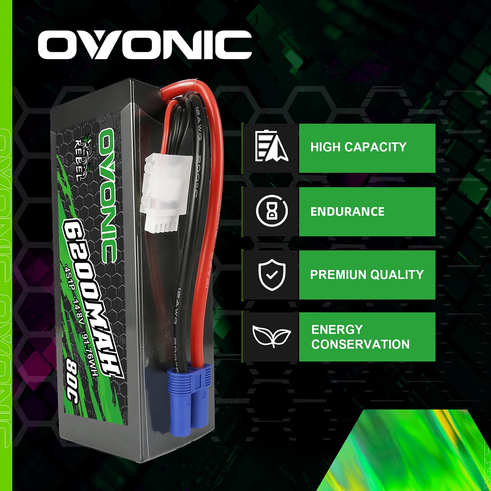 OVONIC-Batterie Lipo 3s, 11.1 V, 5000 mAh, 50C, avec prises EC5, pour voiture RC 1/8 et 1/10, FPV, UAV, bateau, avion, hélicoptère, multirot