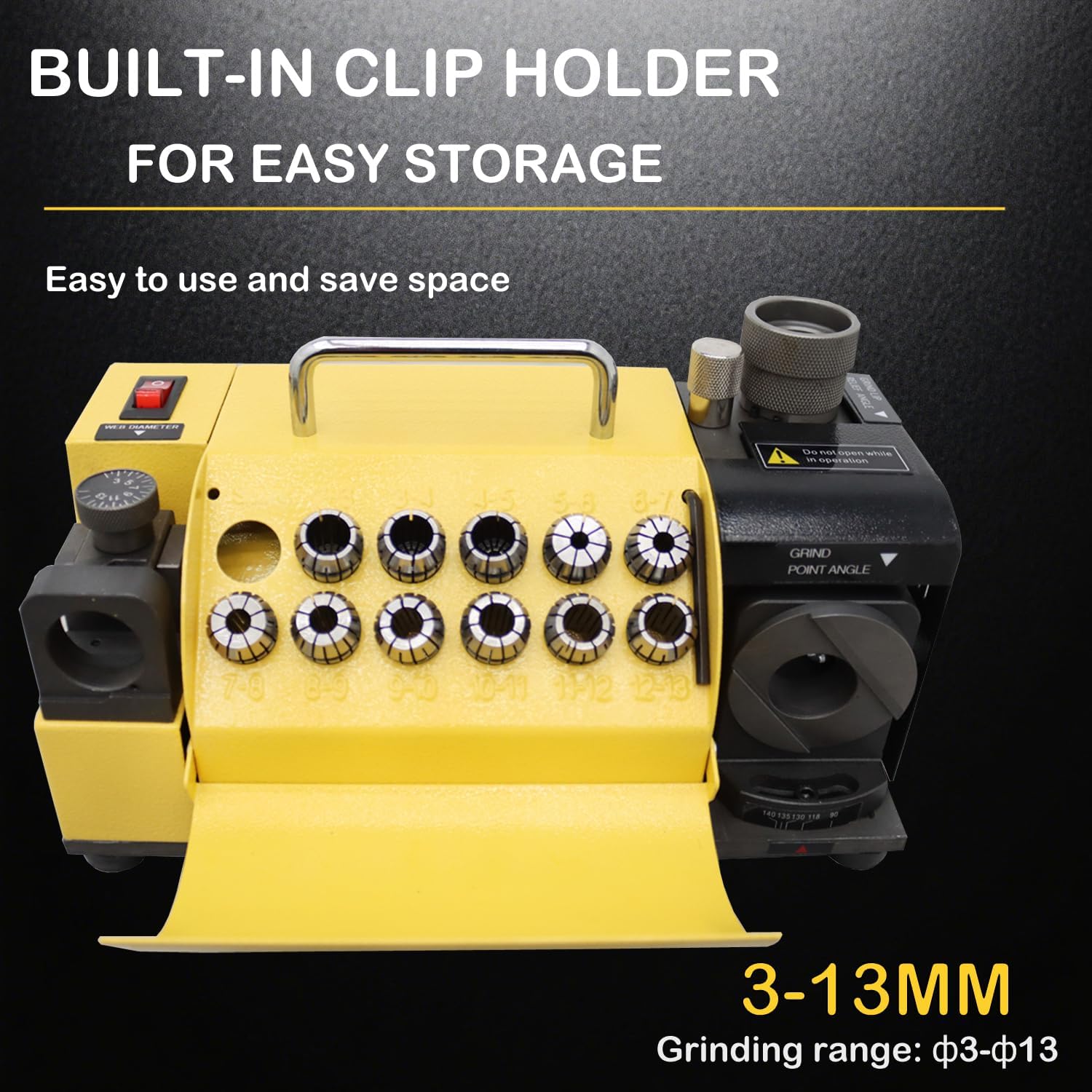 Multi-functional Drill Bit Sharpener 3-13mm Portable End Mill Sharpener Drill Grinder Drill Bit Grinding Machine Angle Adjustable with 11 Collets for Drills Turning Tools 110V 4400rpm