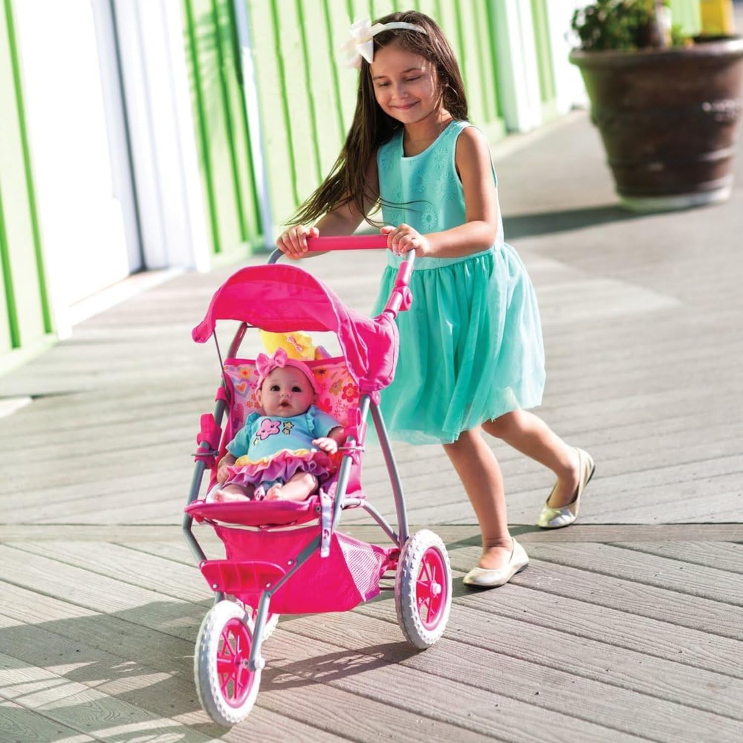 ADORA Baby Doll 3-Wheel Shade Jogger Stroller with Adjustable Height and Foot Rest and Under Stroller Storage - Flower Power