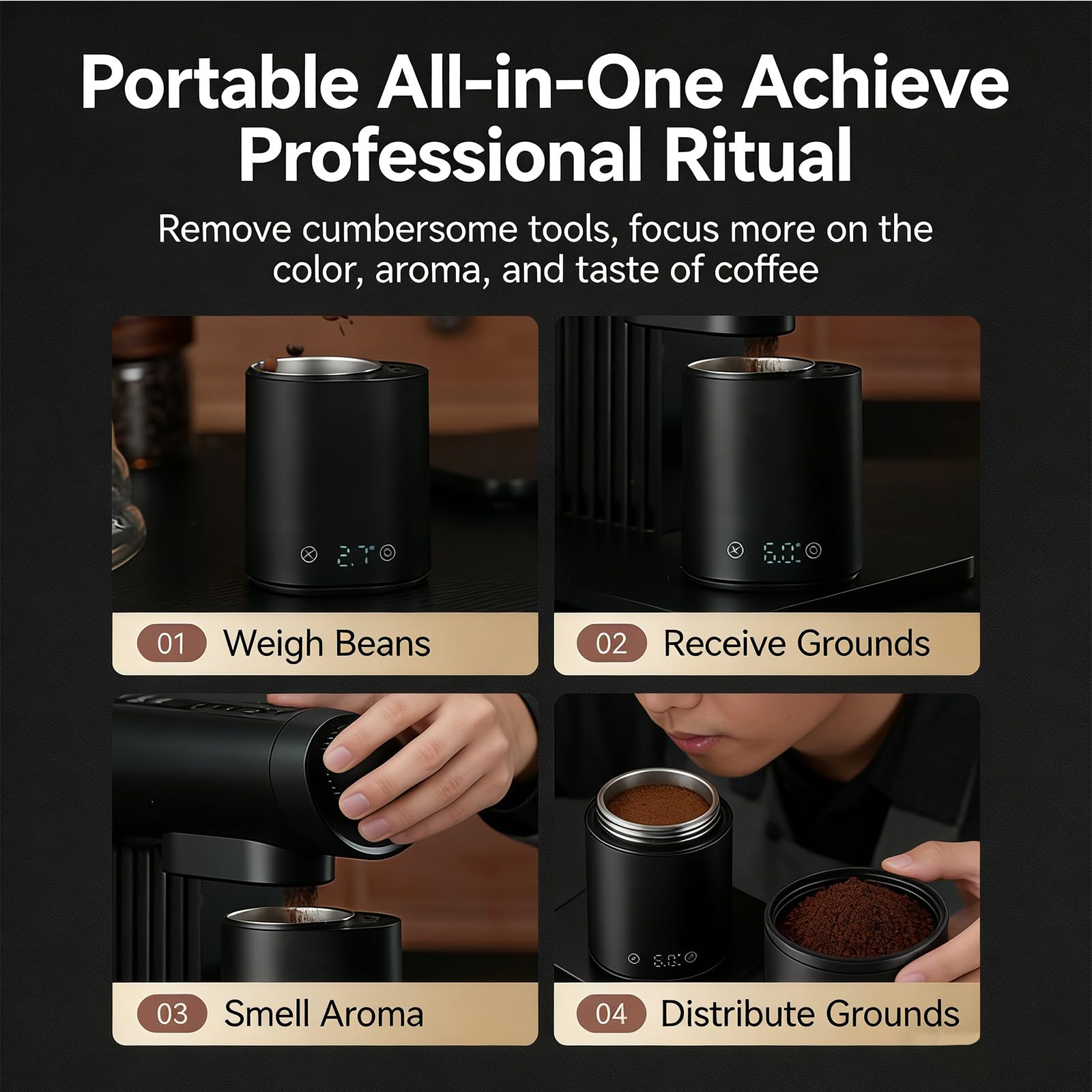 Smart - Taza dosificadora de café de precisión de 0,1 g, puerto de 58 mm y capacidad de 145 ml, modo de pesaje de 480 minutos para molienda de espresso y pesaje de granos de café