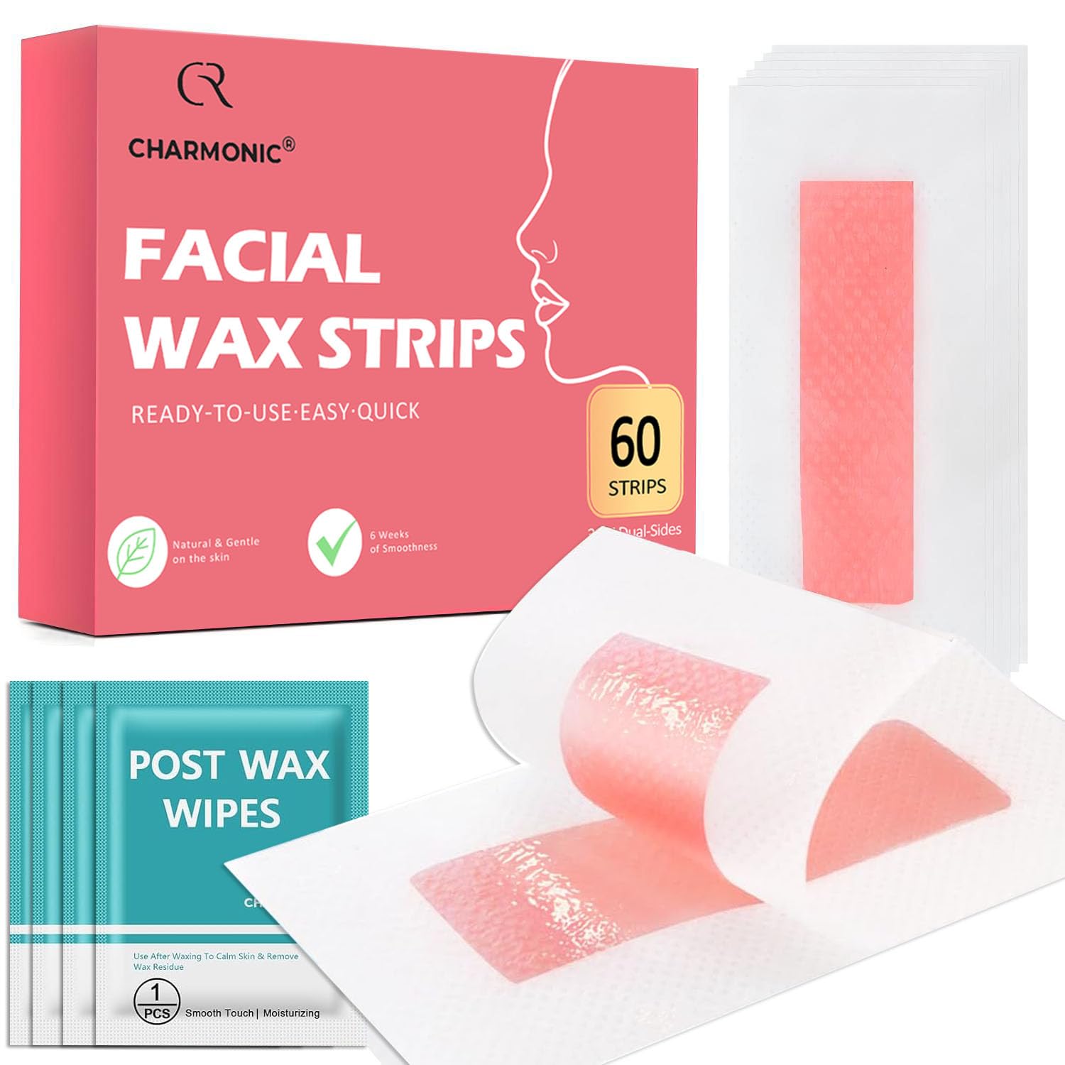 Facial Wax Strips 60 Pcs, Facial Hair Removal for Women, Waxing Strips for Face Eyebrow Upper Lip Cheek Hair Remover, Quick & Painless At Home Waxing Kit for All Skin Types with 6 Pcs Wax Wipes (Pink)