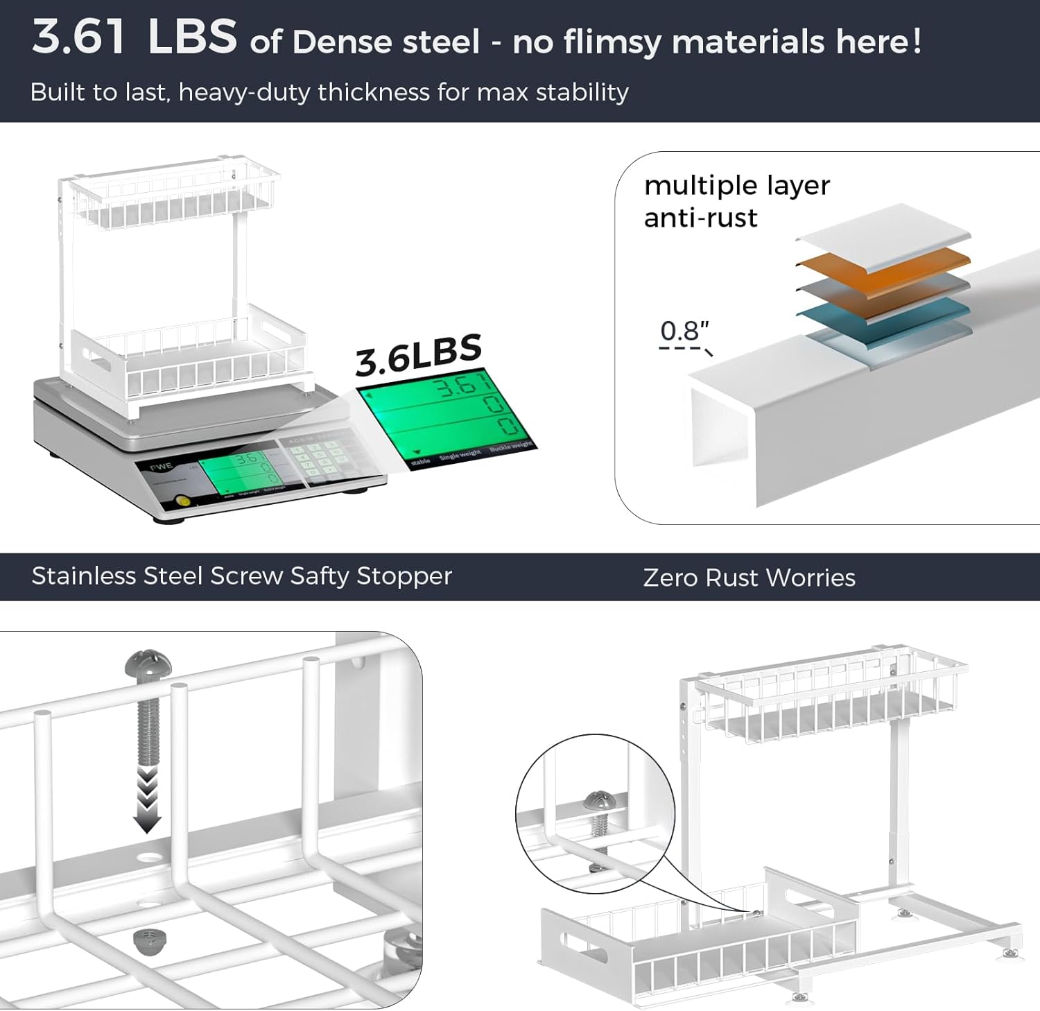 L-Shaped Under Sink Organizer, 2 Pack 2-Tier Pull Out Metal Kitchen Cabinet Organizer with Sliding Storage Drawer, Height Adjustable Heavy Duty Under Bathroom Sink Storage for Cleaning Supplies