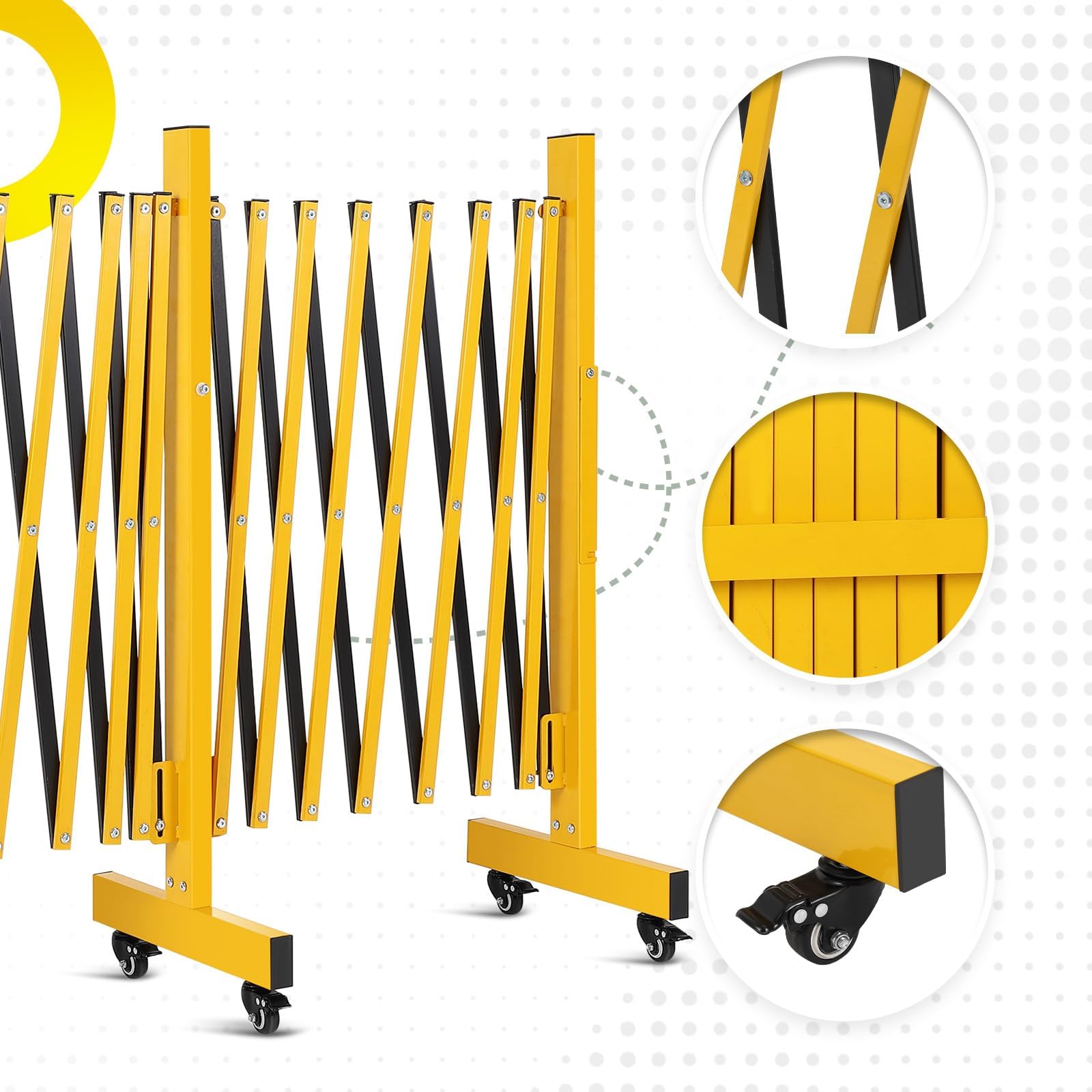 Barrera Extensible de Seguridad 16FT con 6 Ruedas, Valla Plegable de Acero de Alta Resistencia Amarillo y Negro, Barricada Móvil Retráctil para Garaje Industria Tráfico Obras