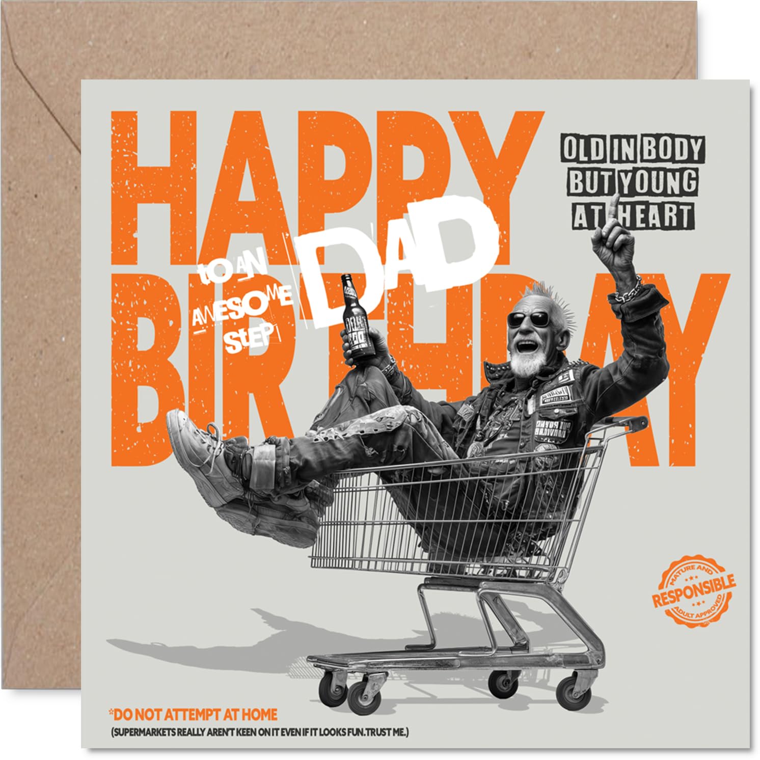 Playful Birthday Card for Step Dad - Light-hearted Laughs - Man in a Shopping Trolley Cartoon with Cheeky Warning - 145mm Square, Envelope Included