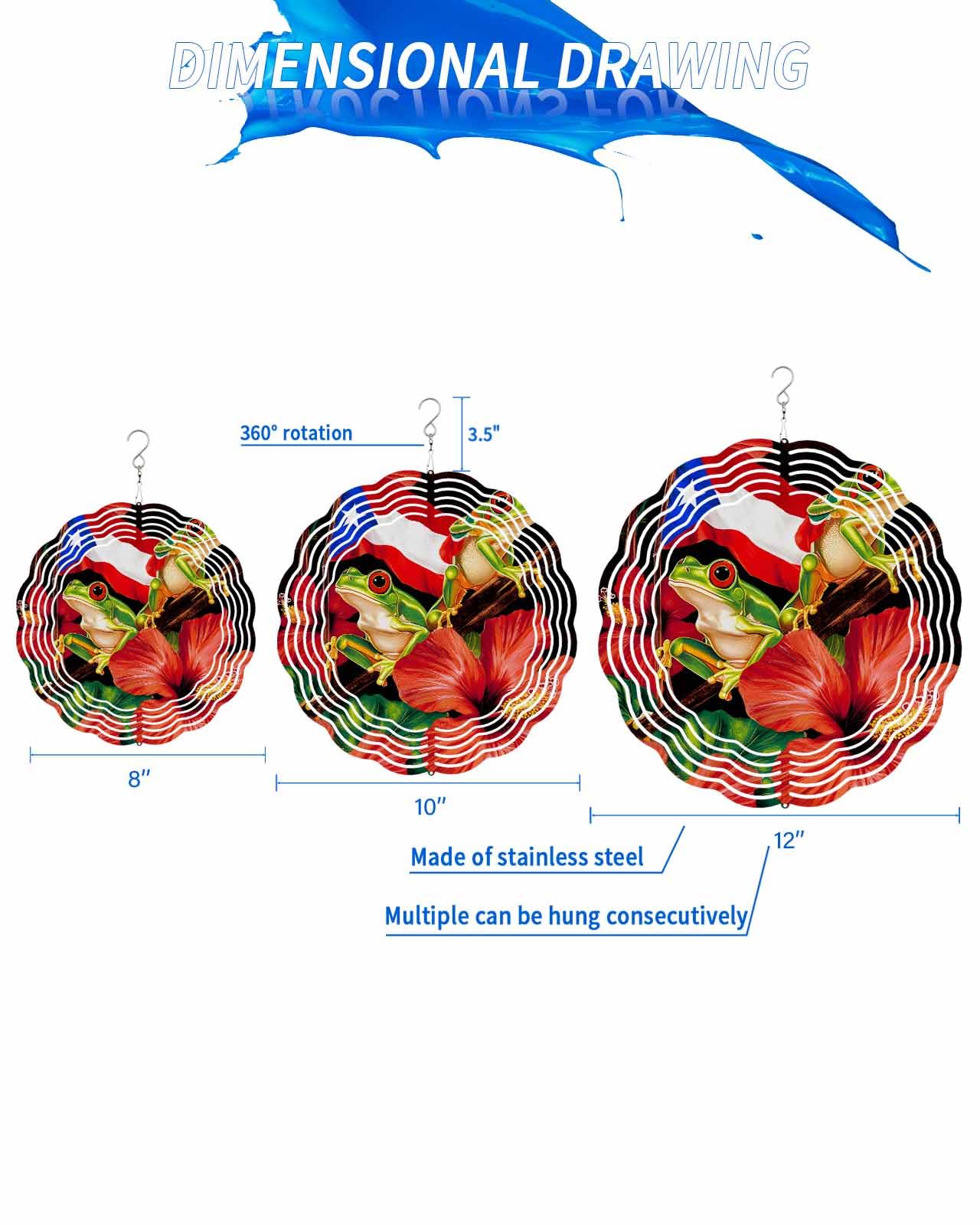 Summer Wind Spinners, Blue Triangle Red and White Stripes Frog Hanging Wind Spinners for Yard and Garden 3D Stainless Steel Metal Sculptures Crafts Ornaments 8 Inch