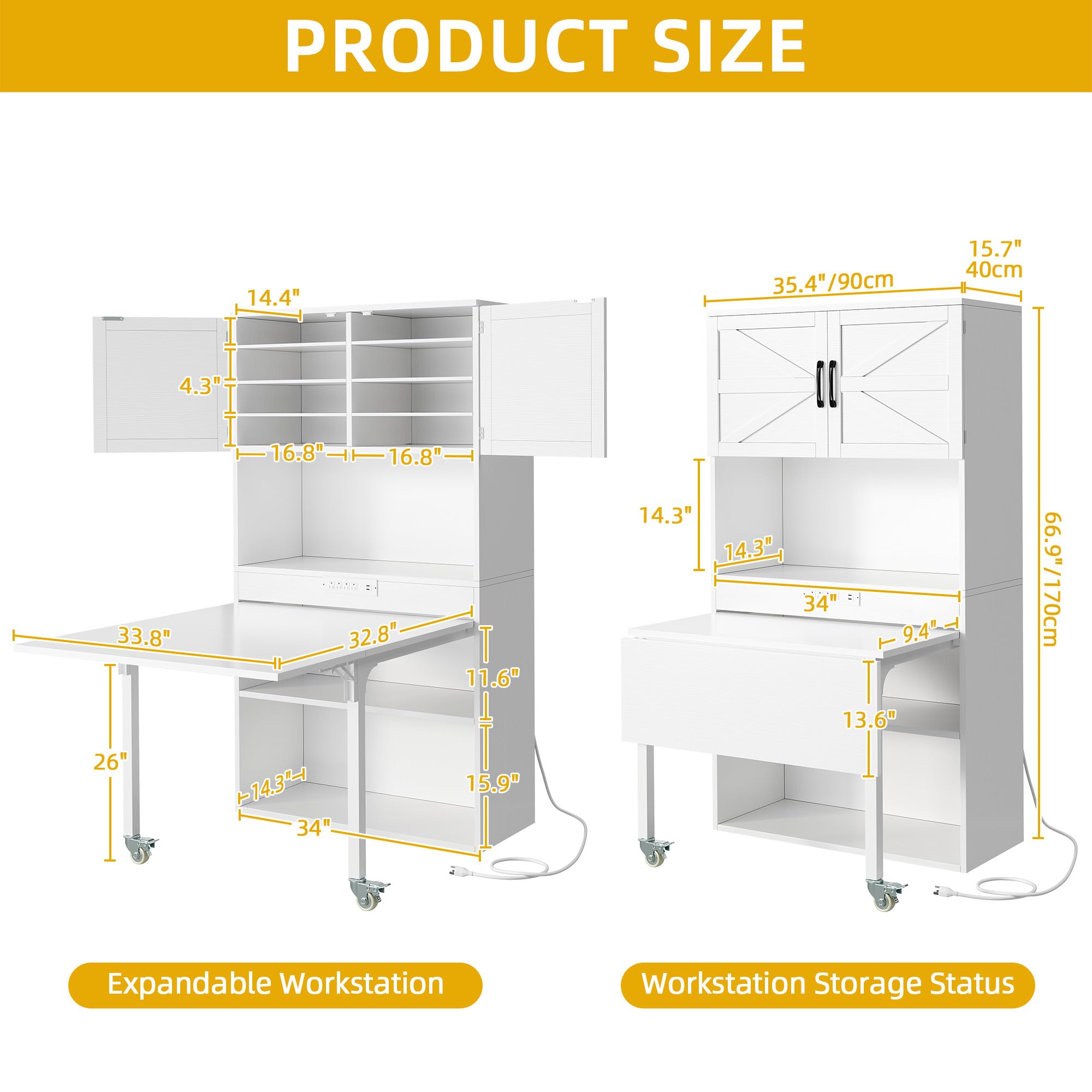 DWVO Sewing Craft Table with Storage, Craft Armoire with Fold-Out Table and USB Power Outlets, Large Capacity Sewing Cabinet with Expandable Desk, Adjustable Shelves for Home or Studio