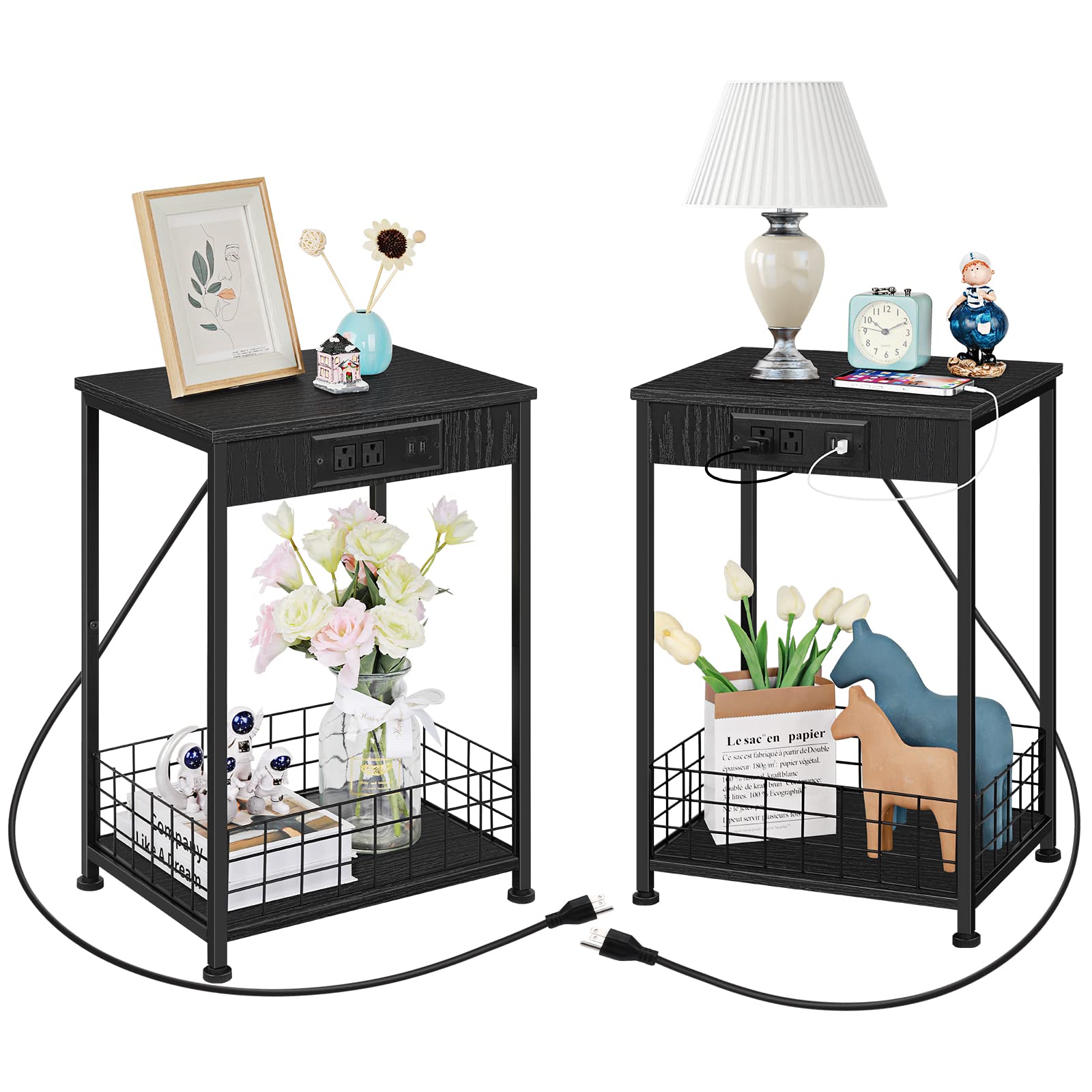 Nightstands Set of 2 Black End Table Living Room with Charging Station Narrow Side Table Bedside Tables with Storage Basket for Small Spaces Modern Night Stands for Bedroom Living Room