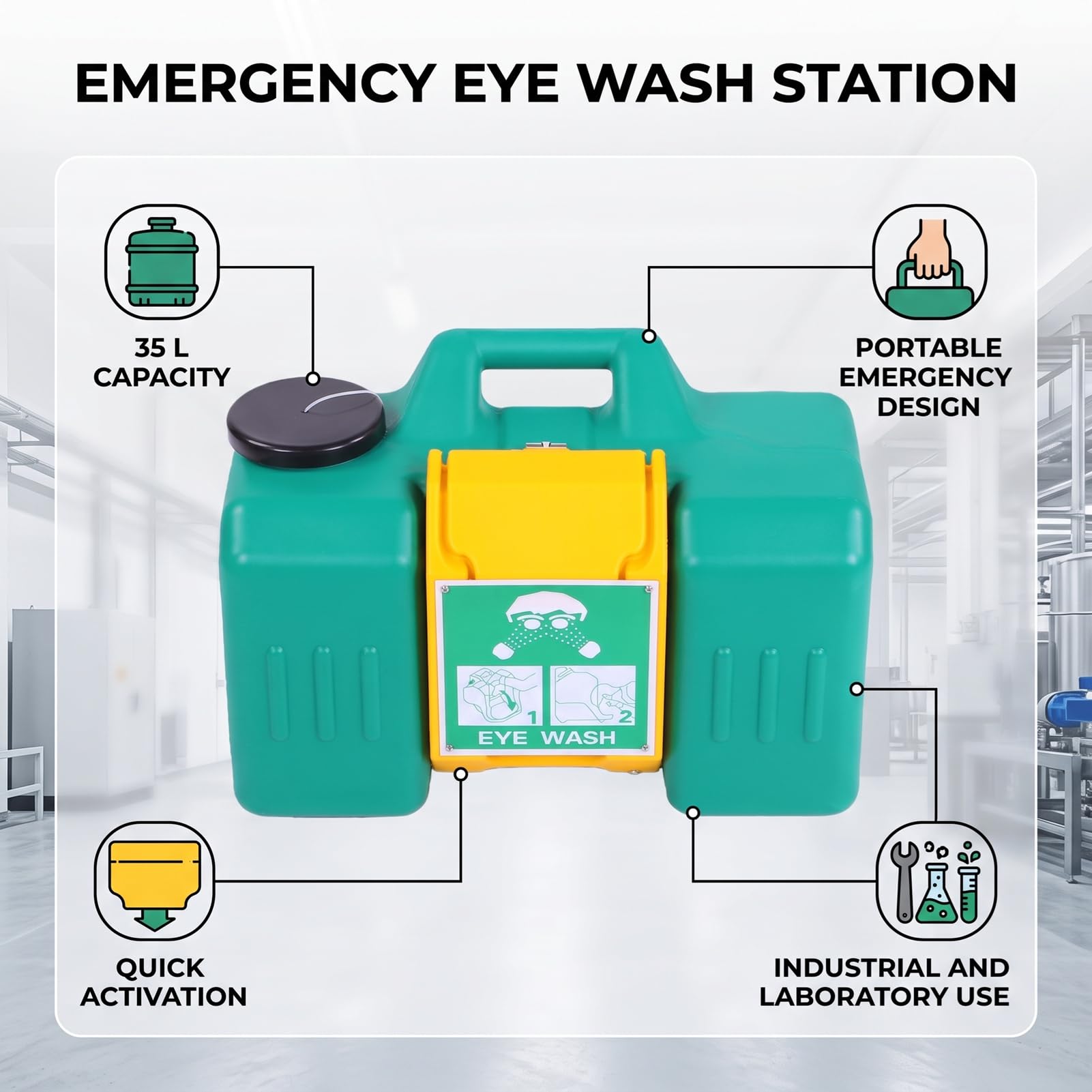 GOWENIC Estación de Lavado de Ojos Montada en la Pared 35L, Estación de Lavado de Ojos de Emergencia Portátil para Laboratorio Industrial, Lavaojos de Seguridad Activado por Gravedad Compatible con